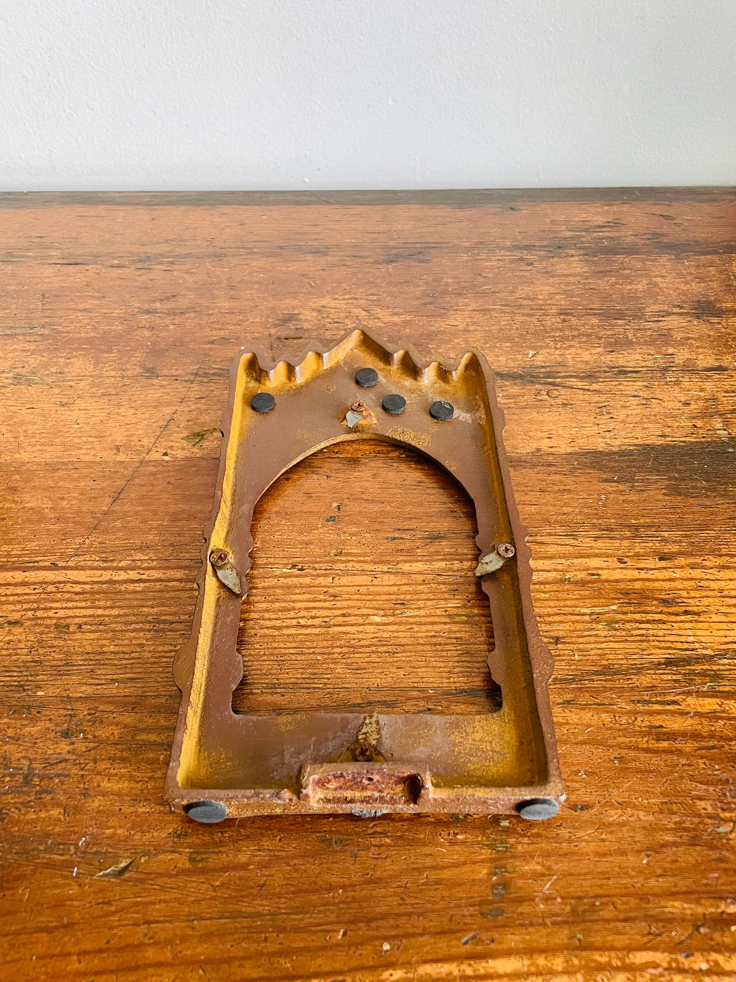 Vintage Solid & Heavy Cast Iron Arched Window Castle Shaped Picture Frame - 3" x 4.75" Photo Size