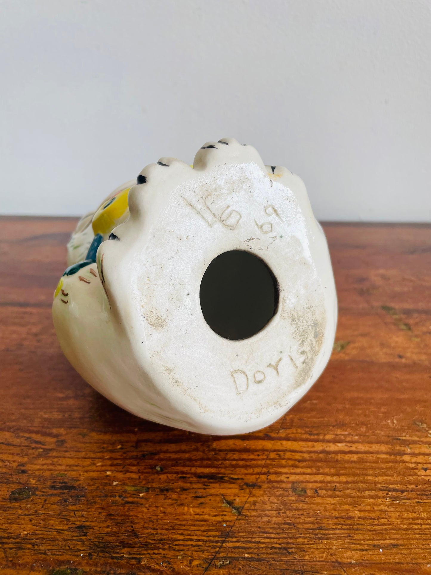 Adorable 1969 Ceramic Frog with Bow Tie and Flowers - Painted & Signed by Doris