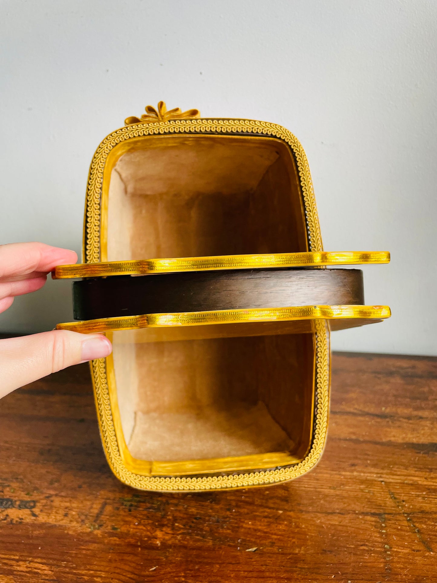 Vintage 1972 Wood Woven Decoupage Basket Purse or Storage Container with Botanical Fruit & Butterfly Design - Artist Signed - Angie 9/72