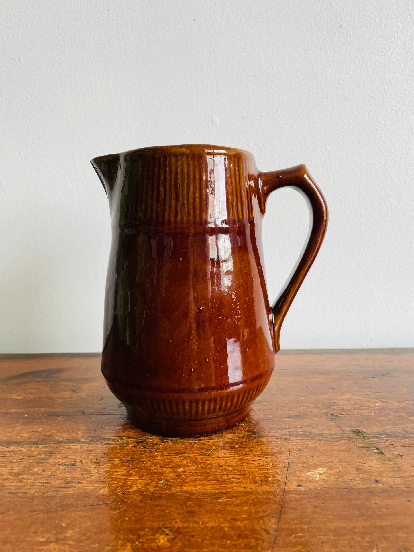 Brown Ribbed Pitcher Jug Vase with Handle