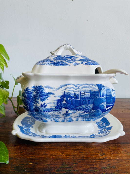 Vintage Large Blue & White Transferware Soup Tureen with Tray, Lid & Ladle with River Castle Scene - 4 Pieces