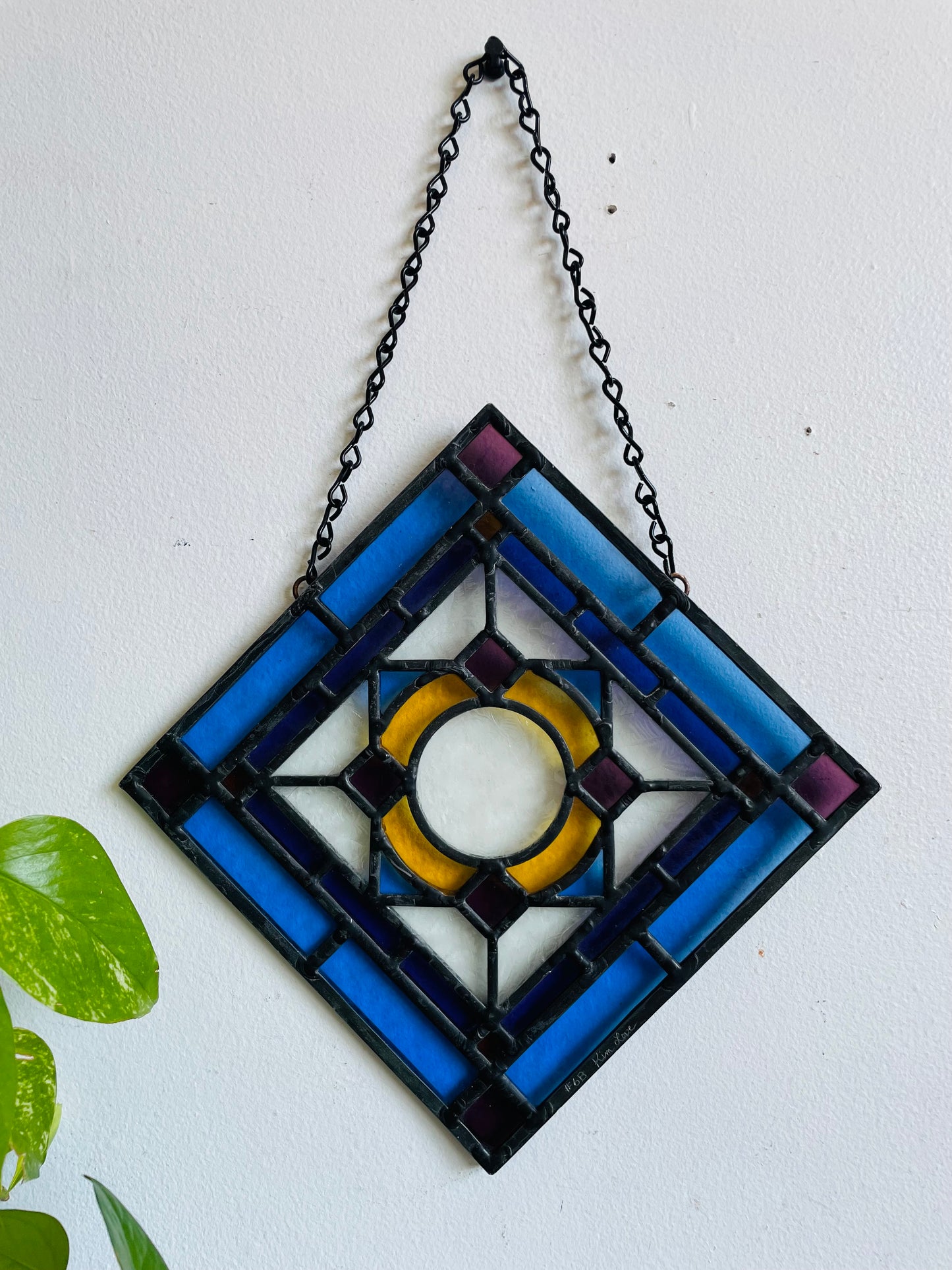 Vintage Hanging Blue, Purple & Yellow Stained Glass Suncatcher Window Decor