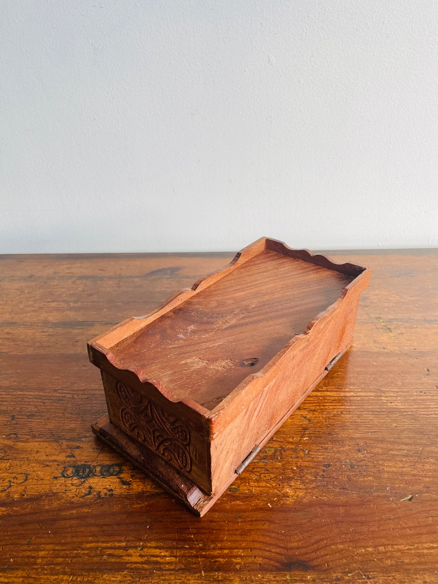 Sturdy Hand Carved Wooden Trinket Box with Interesting Design & Hinged Lid