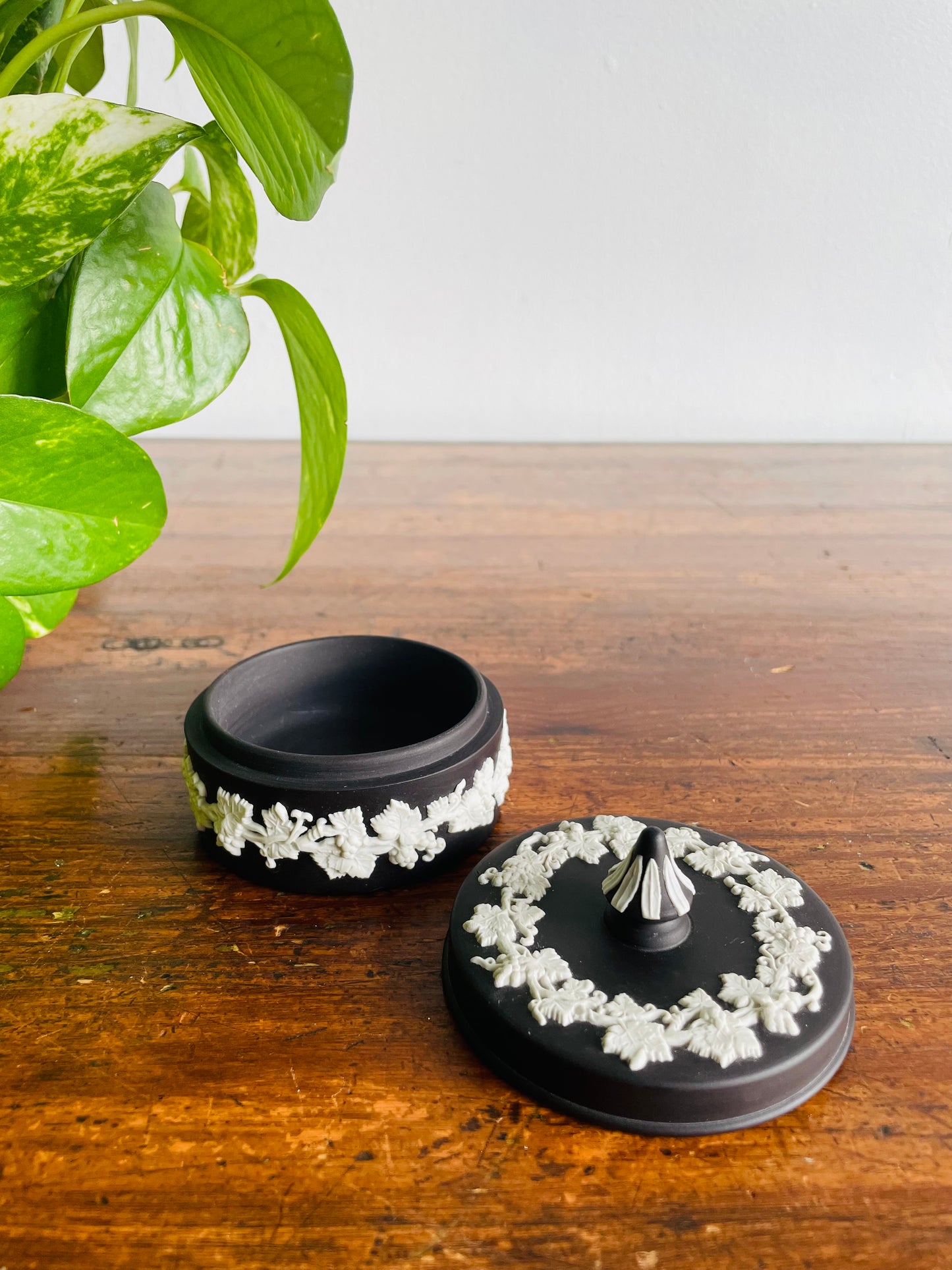 Black Jasperware Wedgwood Round Trinket Dish with Lid - Made in England