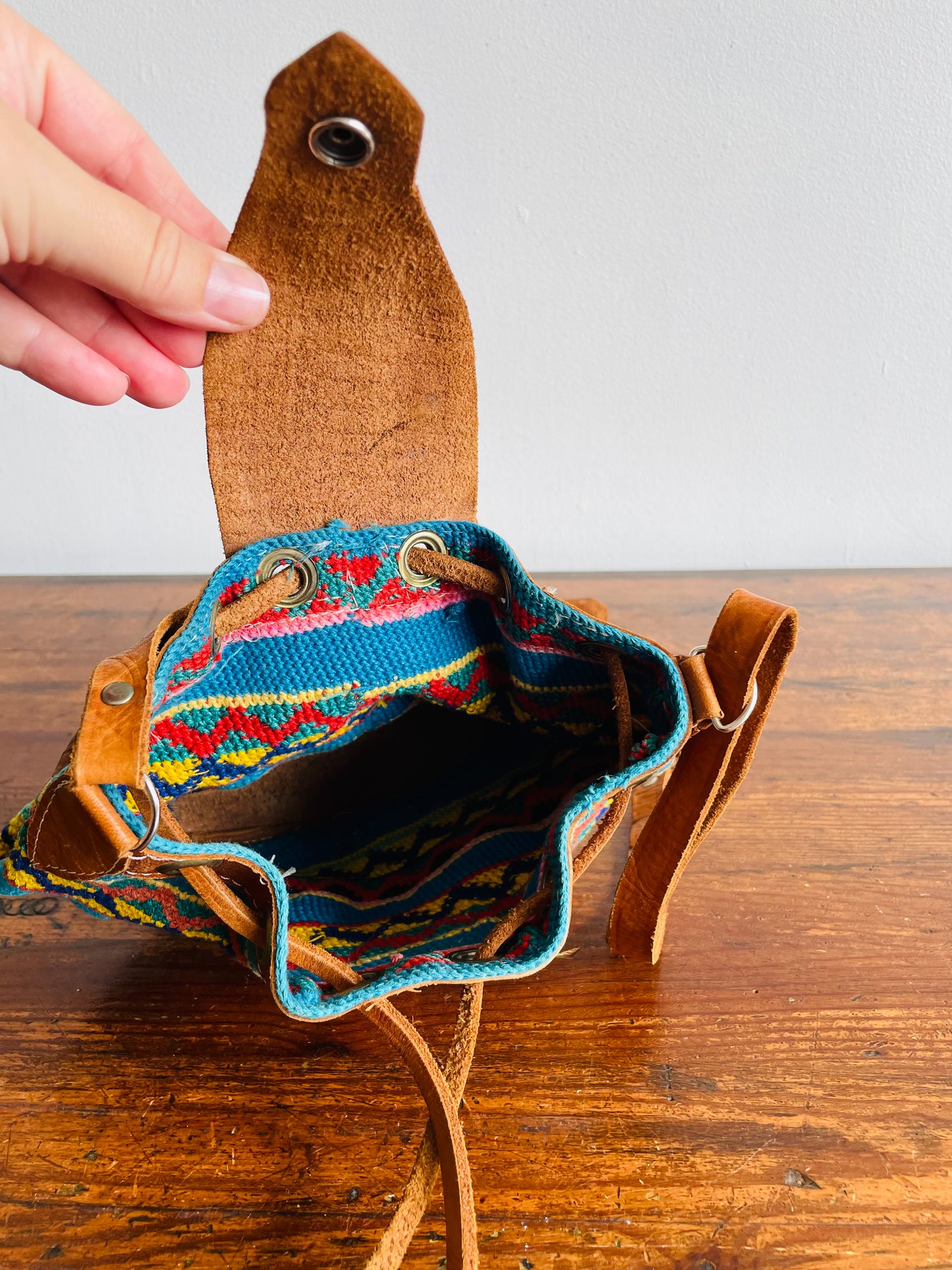Tooled Leather & Brightly Woven Tapestry Fabric Purse