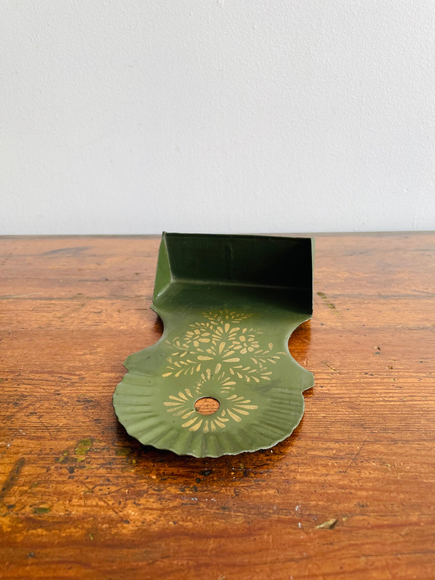 Antique 1880 Green Tin Toleware Match Safe - Wall Hanging Holder with Gold Flower Stencilled Design