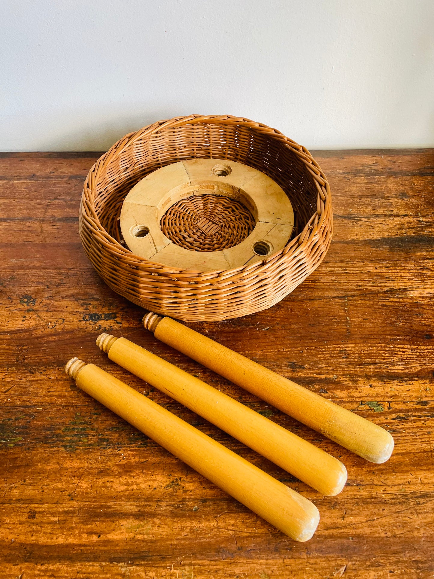 Vintage Mid-Century Modern Tony Paul Attributed Style Wood & Wicker Footrest Stool or Small Side Table with Tripod Spindle Legs
