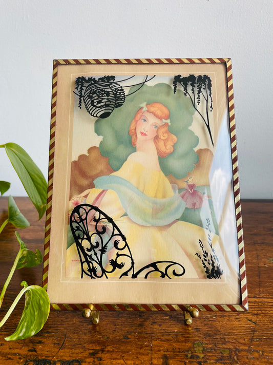 Morris & Bendien Reverse Painted Silhouette Lithograph Picture on Convex Bubble Glass - Woman in Garden
