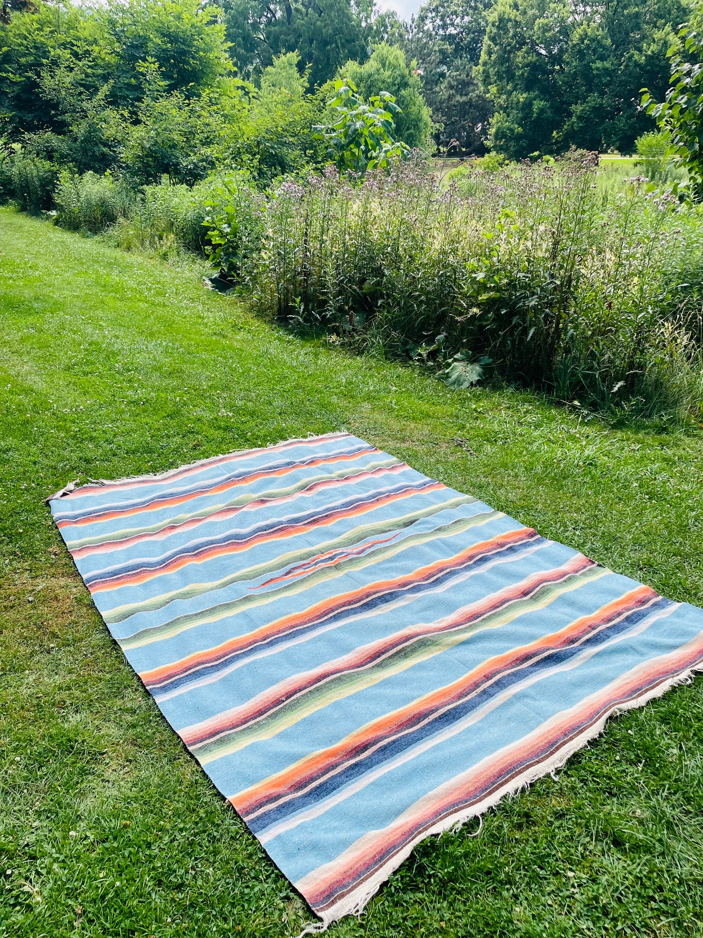 Very Large Mexican Blanket with Stripes & Aztec Pattern - AS-IS