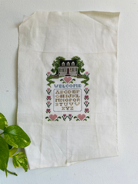 Welcome Needlepoint Embroidery Sampler with Cozy House, Hearts & Flowers