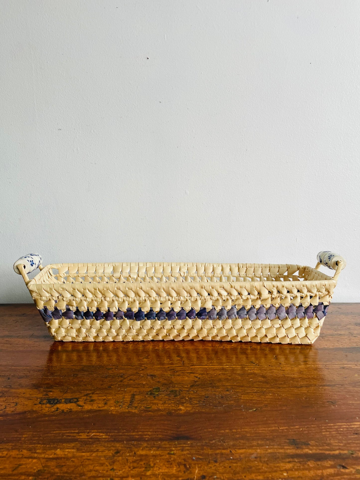 Light Woven Basket with Blue Stripe & Ceramic Handles