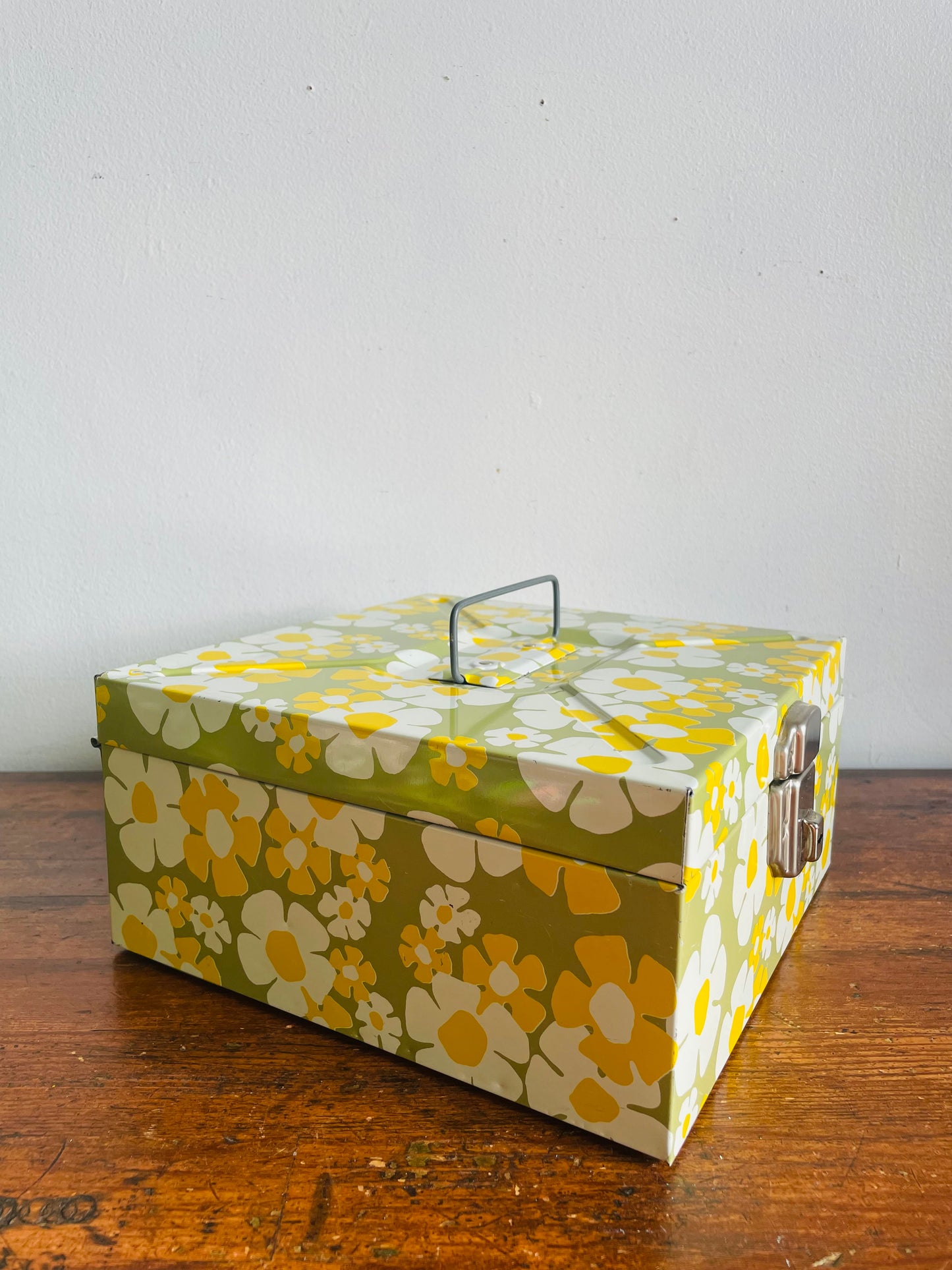 Vintage Flower Power Metal Filing Storage Box with Handle & Latch to Close - Has a Movable Tray Divider Inside