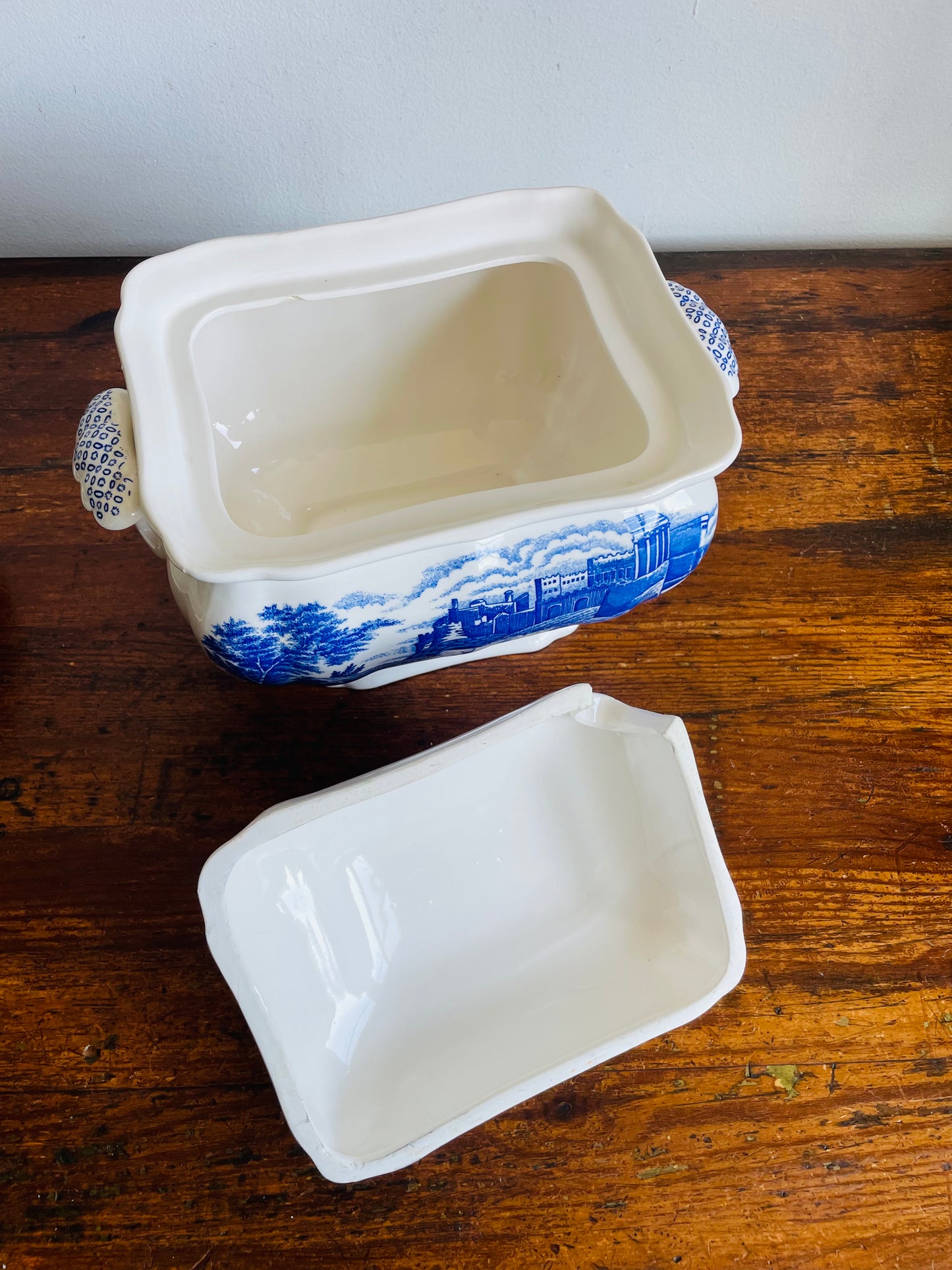Vintage Large Blue & White Transferware Soup Tureen with Tray, Lid & Ladle with River Castle Scene - 4 Pieces