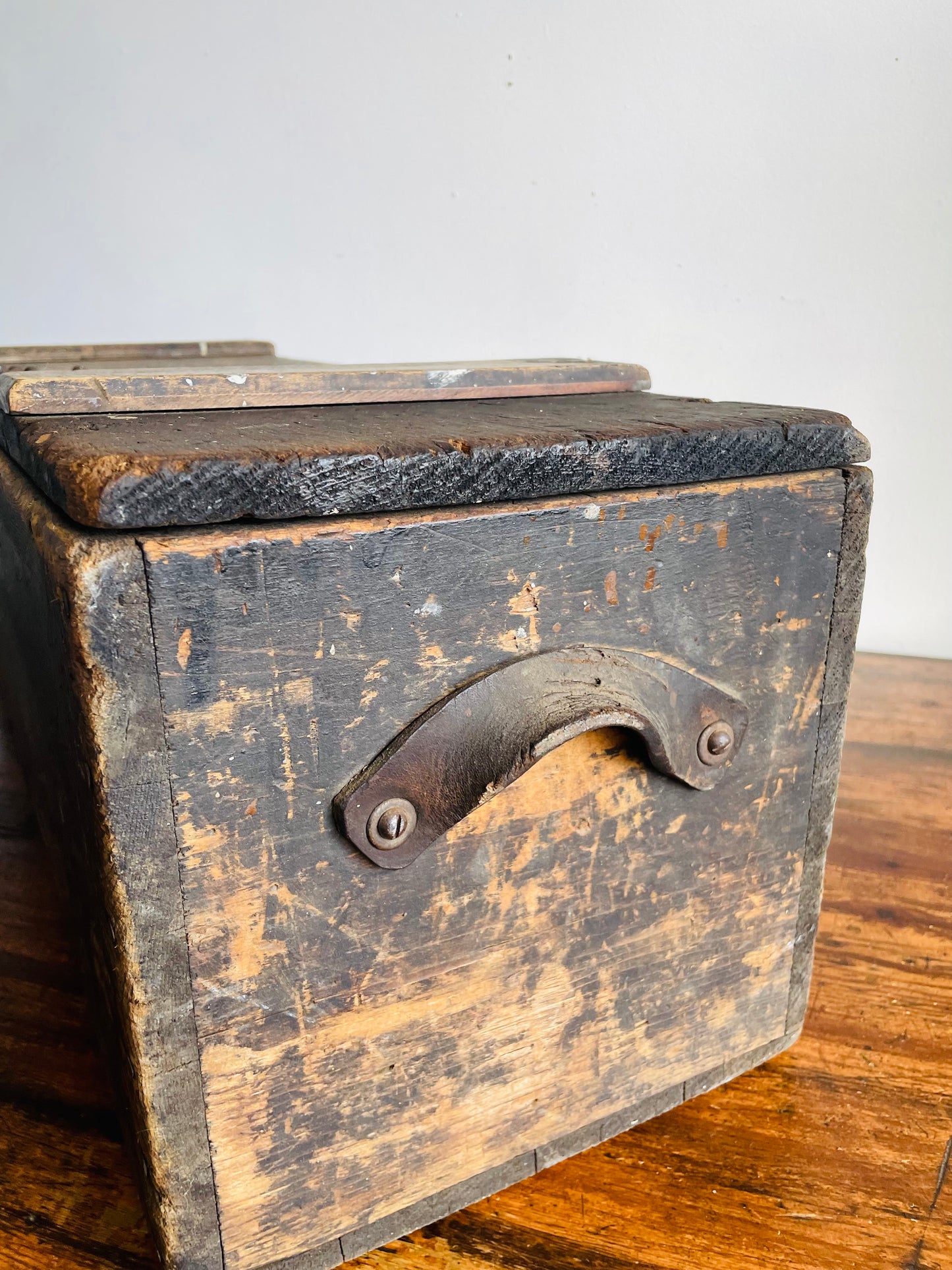 Vintage Solid & Rustic Wood Box Trunk with Beautiful Aged Patina, Metal Latch to Close, Hinged Lid & Leather Handles - Great Indoor or Outdoor Porch Decor!