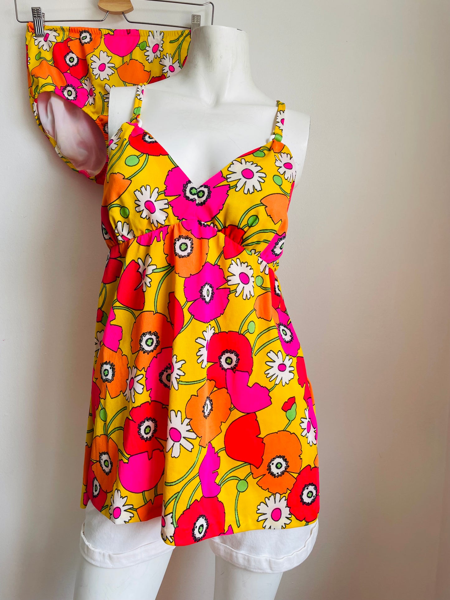 Groovy Sears Junior Bazaar Two Piece Sun Lounge Set or Swimsuit with Bright Flower Pattern - Wear Separately or Together - Bottoms & Tank Top - Please Read