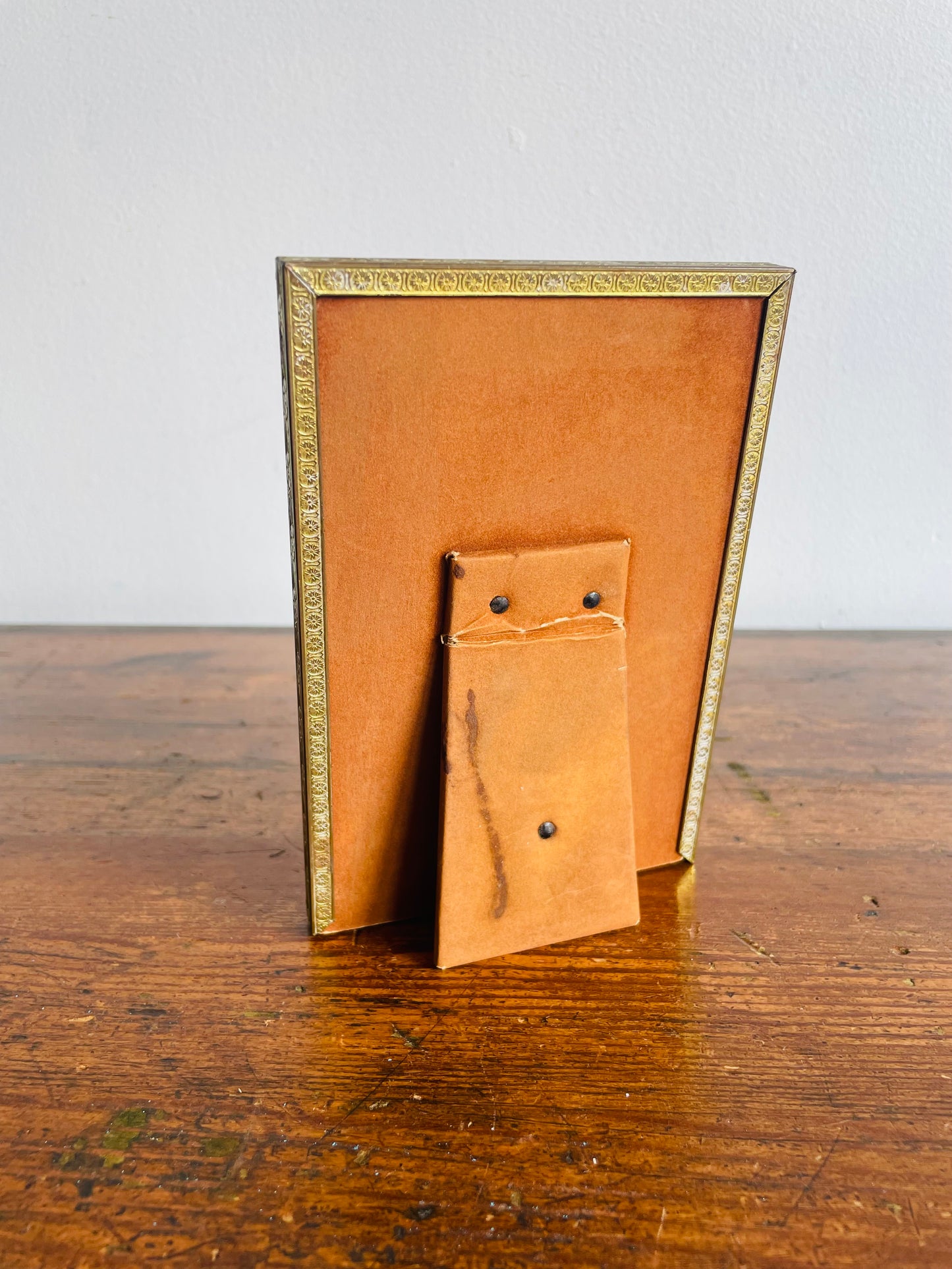 Aged Patina Brass Picture Frame with Etched Details - Easel Prop for Standing - 3.25" by 5.25" Photo Size