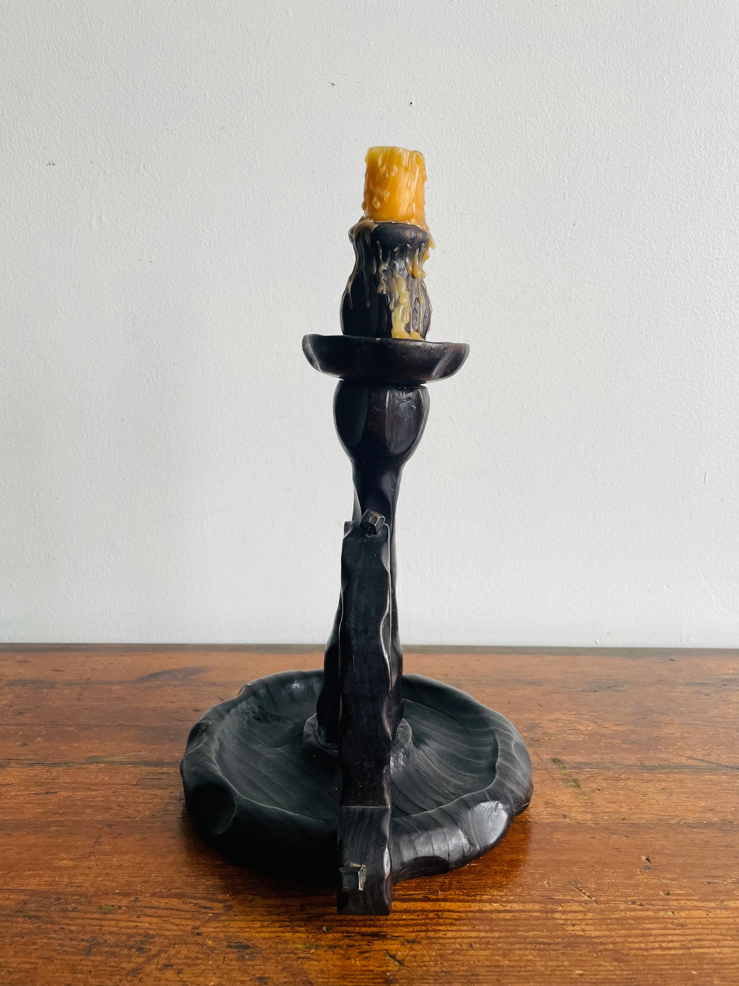 Large Wood Brutalist Spanish Revival Gothic Castlecore Style Chamberstick Candle Holder with Dripping Candle
