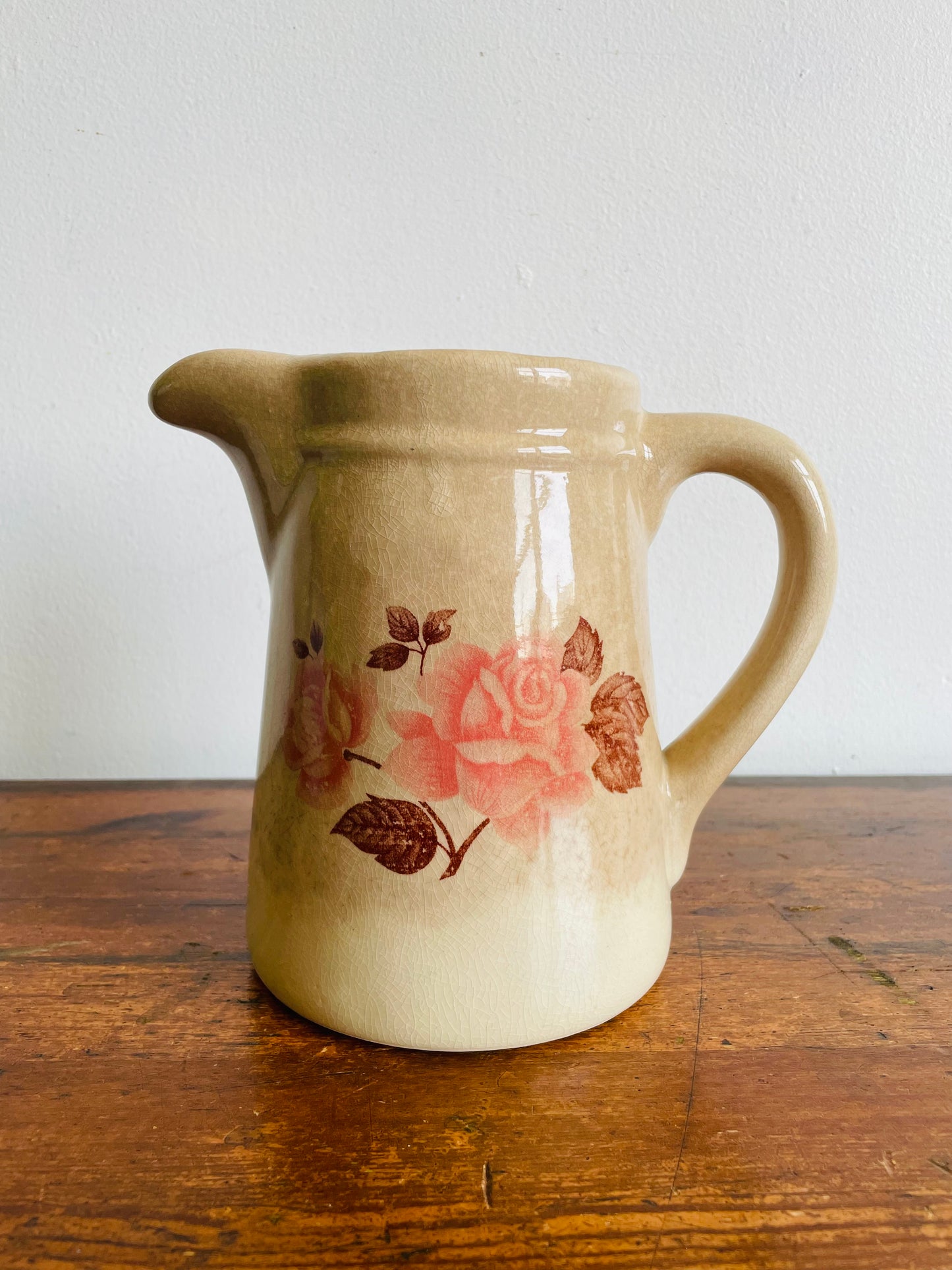 Farmhouse Stoneware Pitcher Jug Vase or Utensil Holder with Rose Design - Found in Dublin, Ireland