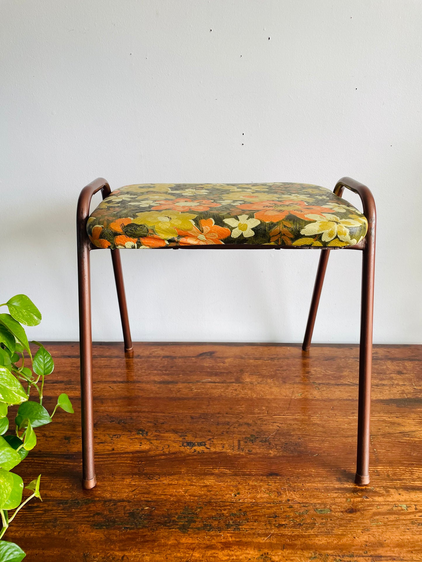 Vintage 1968 Perfect Chrome Furniture Co. Stackable Stool Chair with Vinyl Cushion - Groovy Green, Orange & Cream Flower Power Pattern - Made in Toronto