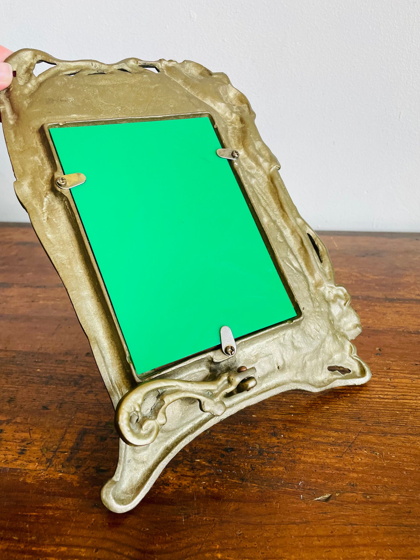 Vintage Heavy Brass Art Nouveau Easel Back Mirror with Fairy Nymph Maiden Under Sun with Flowers - Could Use as a Picture Frame as Well!