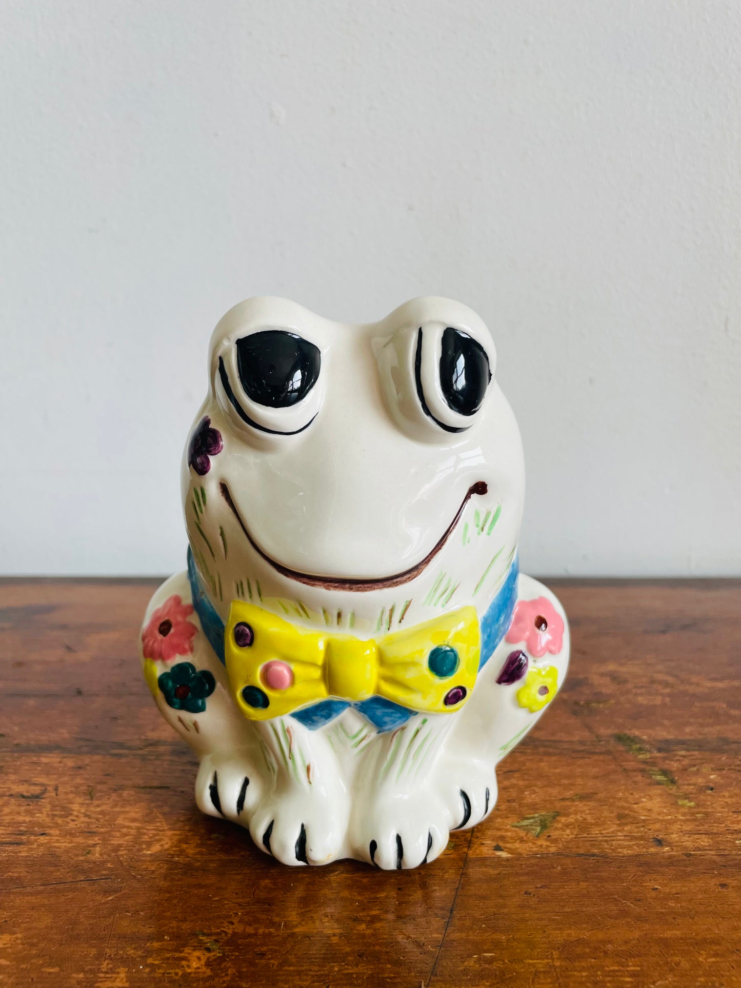 Adorable 1969 Ceramic Frog with Bow Tie and Flowers - Painted & Signed by Doris