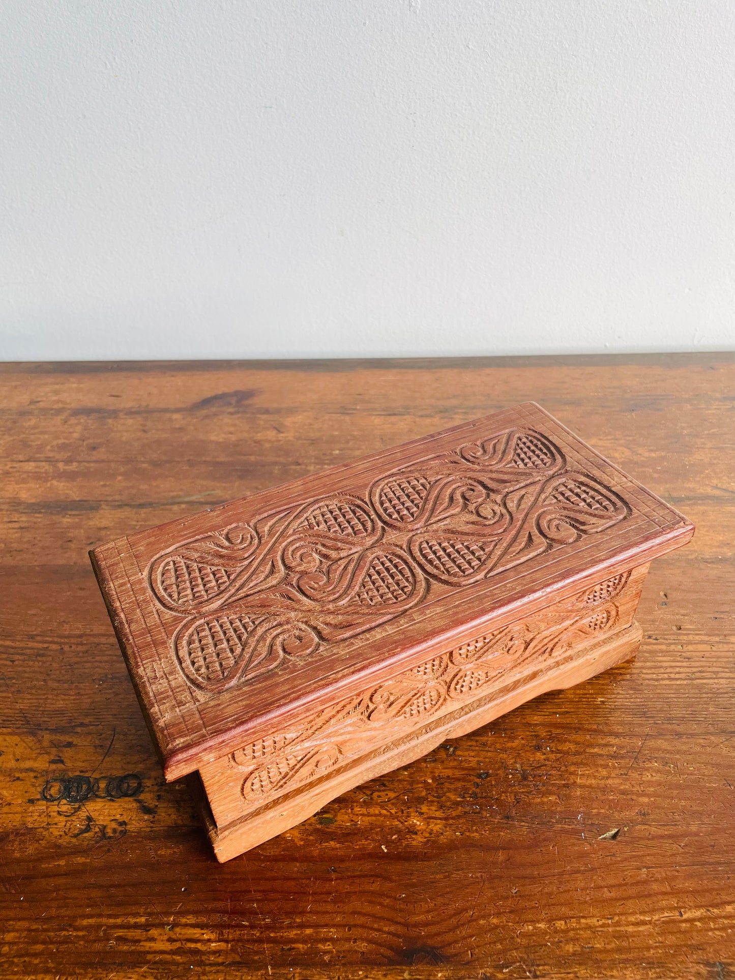 Sturdy Hand Carved Wooden Trinket Box with Interesting Design & Hinged Lid