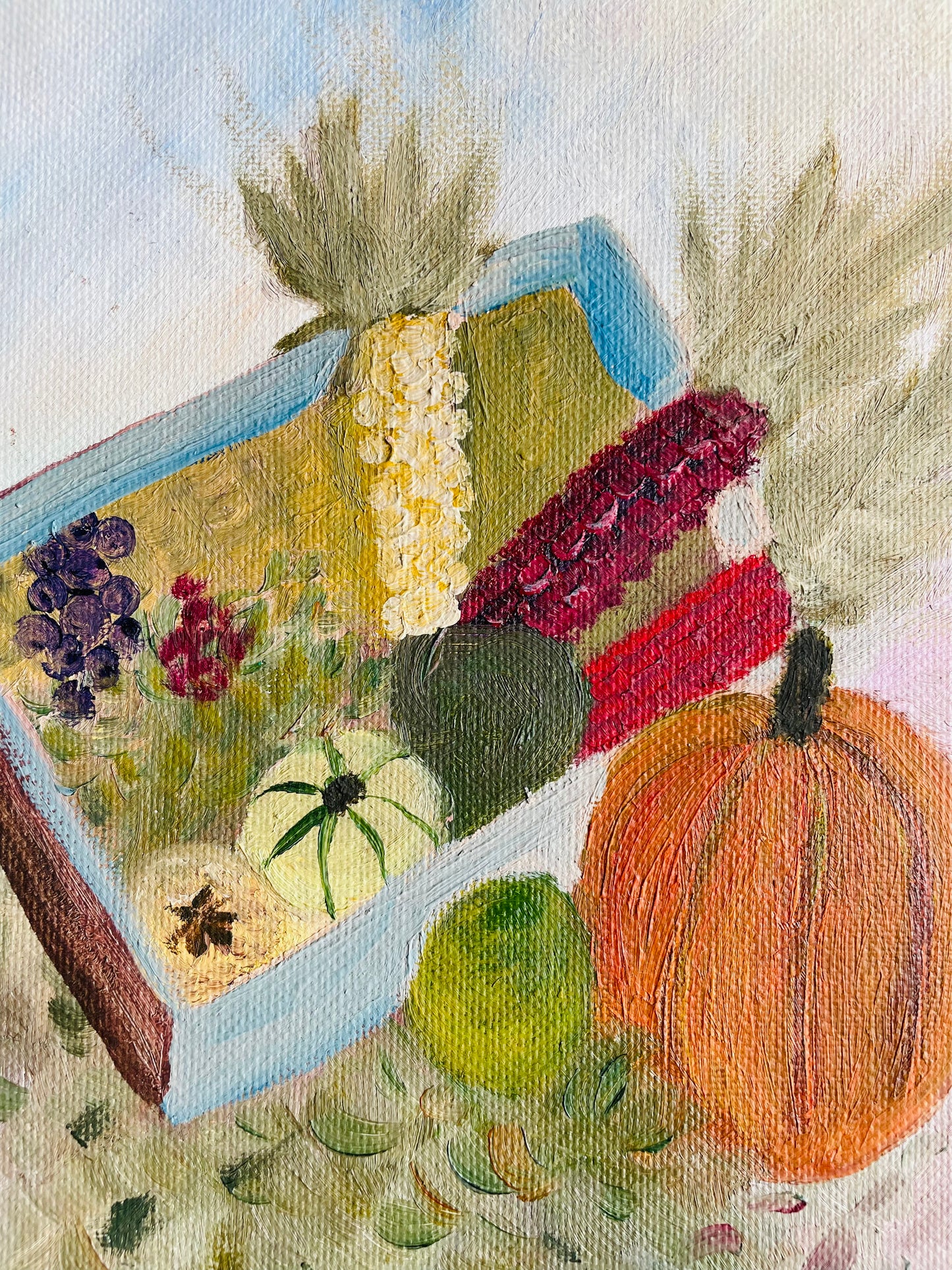 Vintage Original Art Painting of Fall Harvest Scene on Board with Pumpkins, Squash & Corn - 8" x 10"