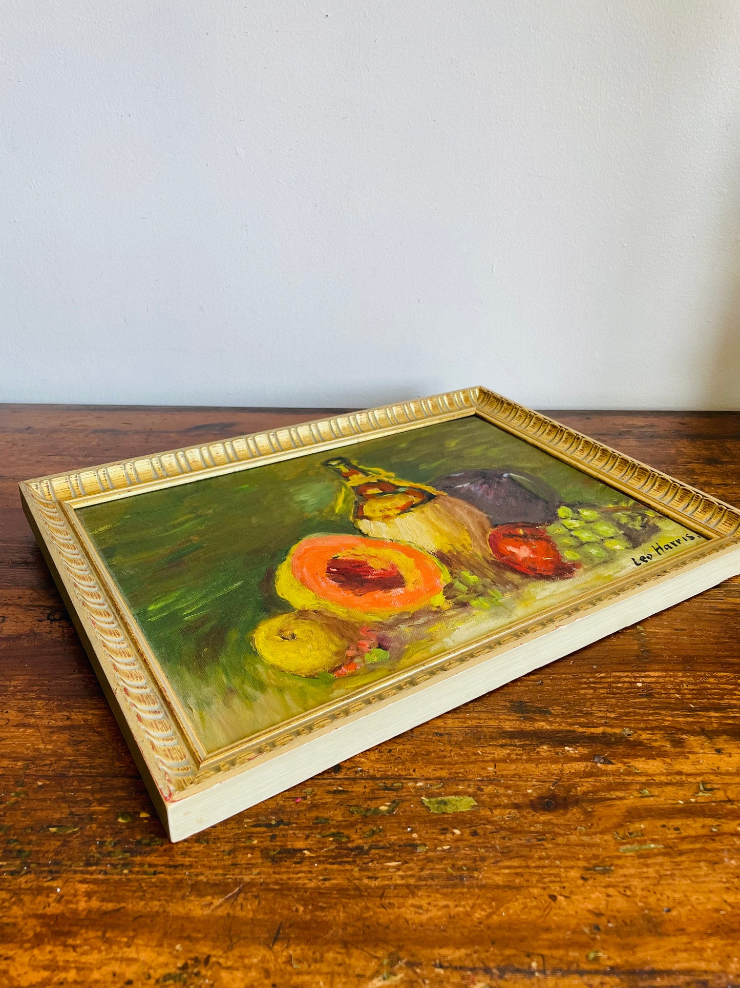 Vintage Original Art Painting of Still Life Scene with Cantaloupe, Other Fruit & Wine Jug - Signed Leo Harris