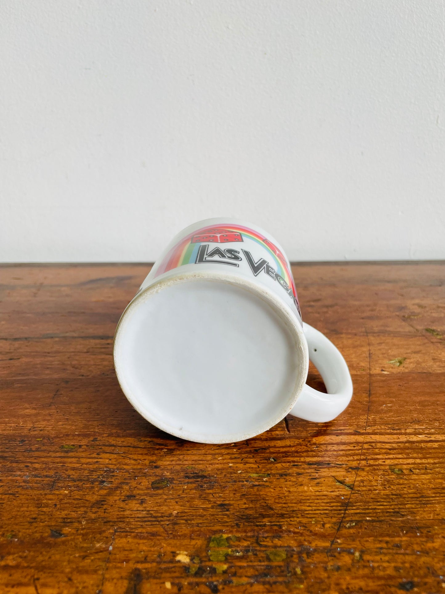 White Las Vegas Mug with Rainbow & Red Dice Graphic