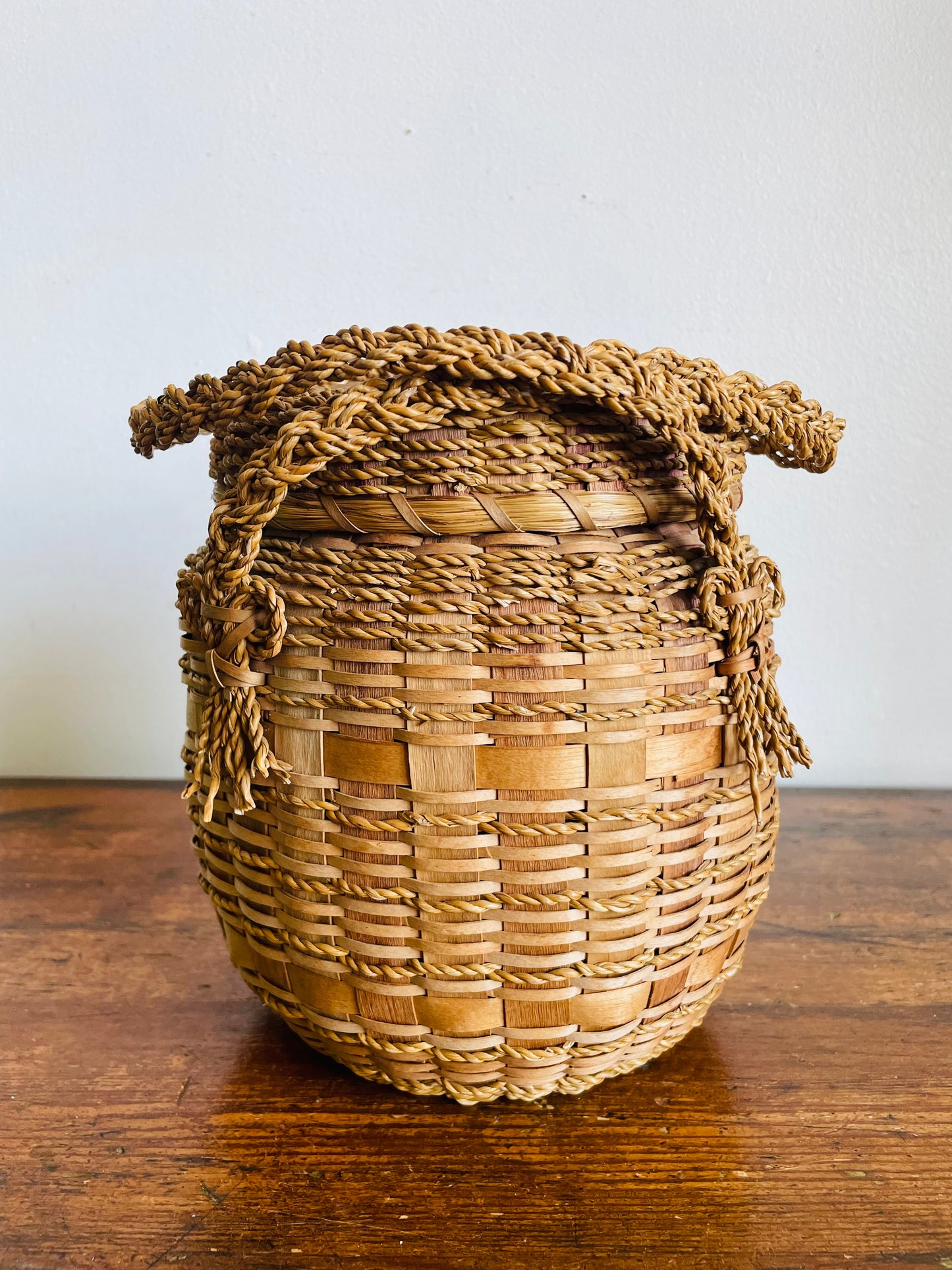 Vintage Indigenous Woven Ash Wood & Sweet Grass Yarn Holding Basket with Braided Handles & Lid - Hole in Lid to Pull Yarn Through