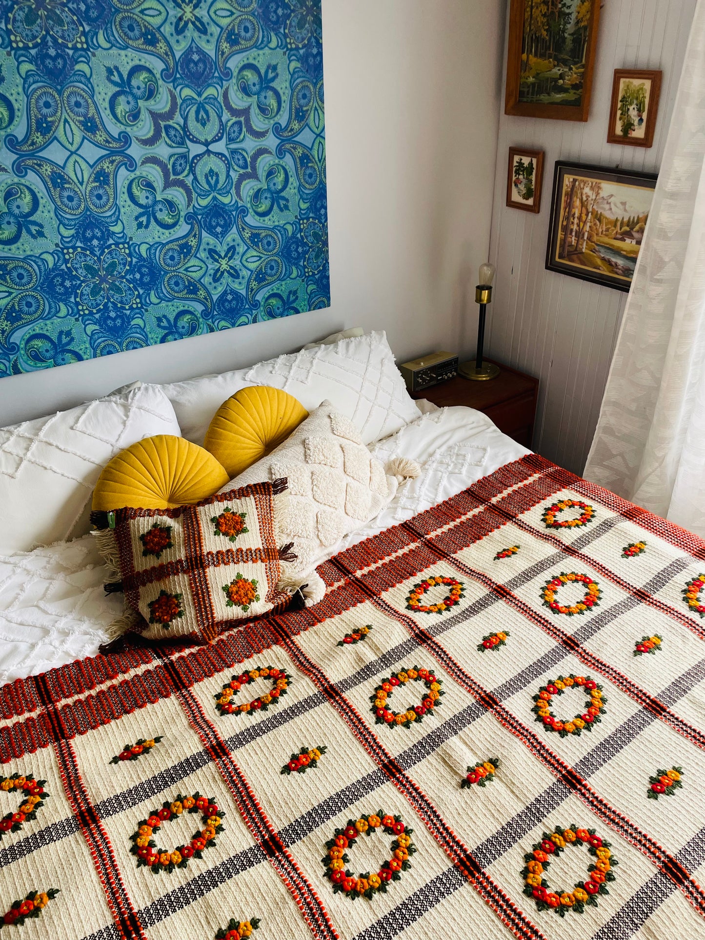 Polish Hand Knotted Woven Wool Throw Pillowcase with Embroidered Flowers