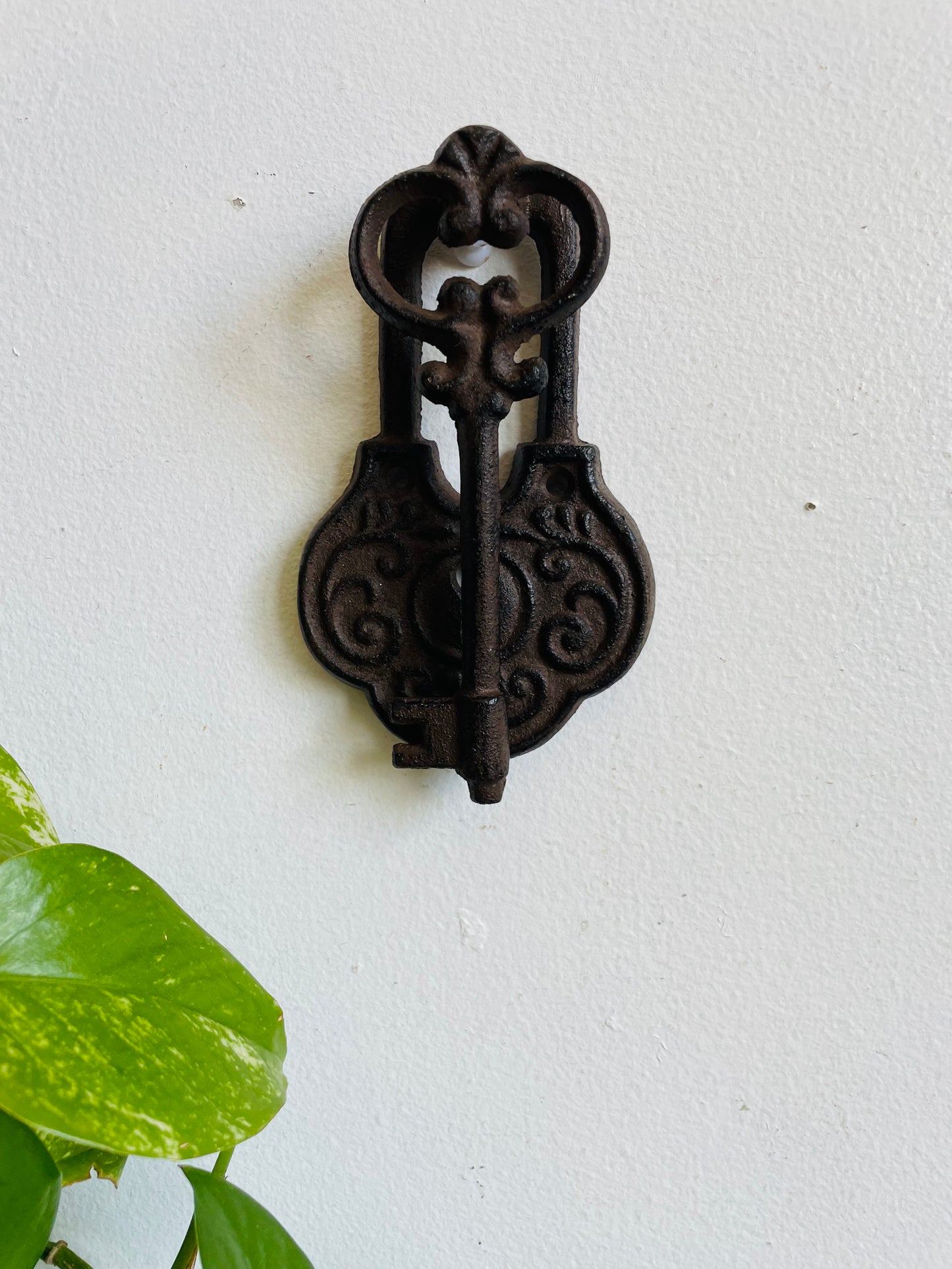 Cast Iron Door Knocker Shaped Like an Ornate Lock & Skeleton Key