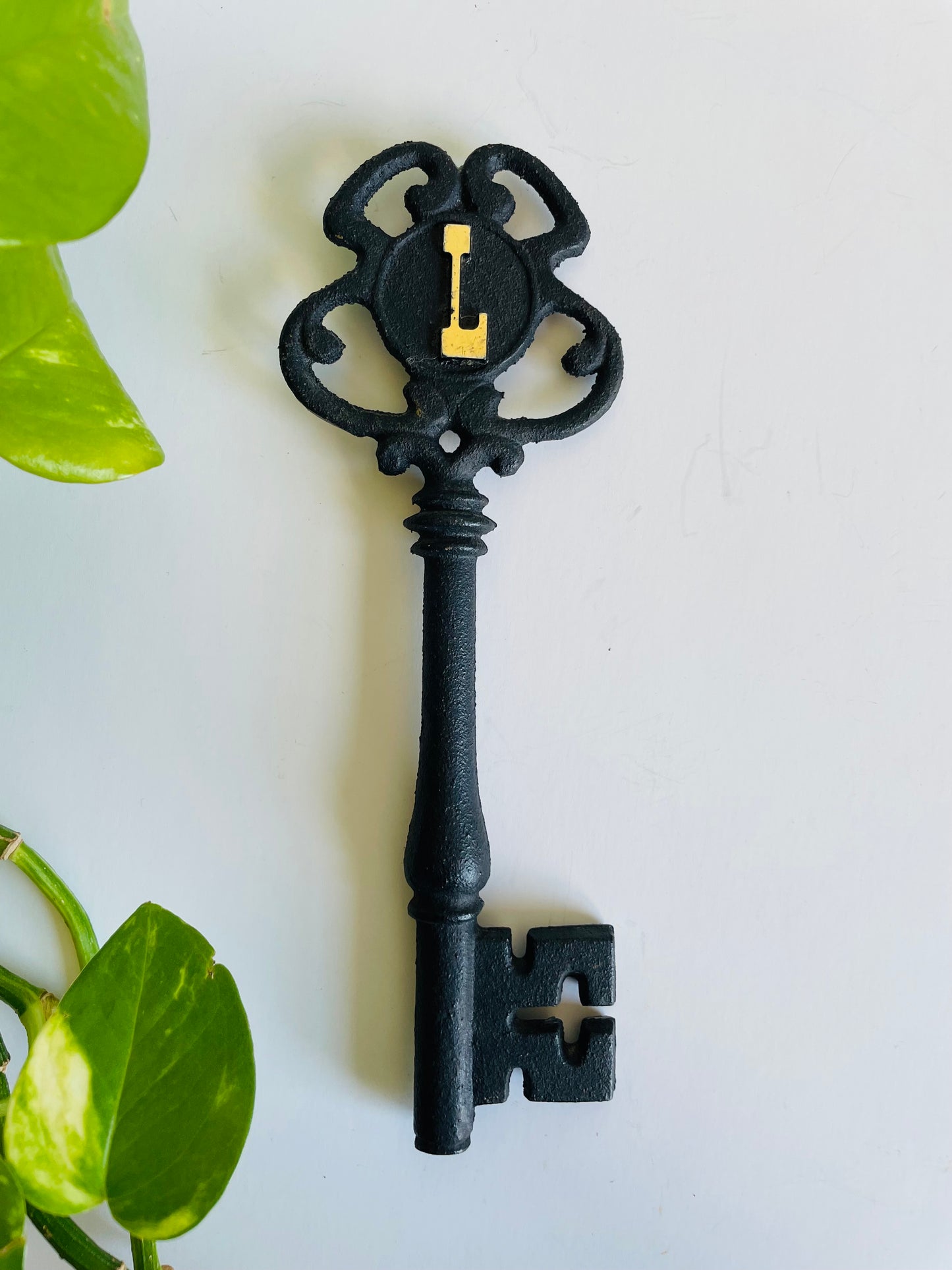 Large Black Cast Iron Skeleton Key Monogrammed with a Gold Letter L