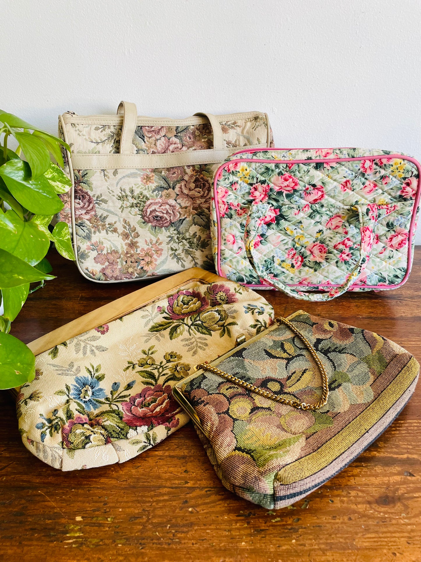 Wood & Floral Tapestry Fabric Clutch Purse with Magnetic Clasp