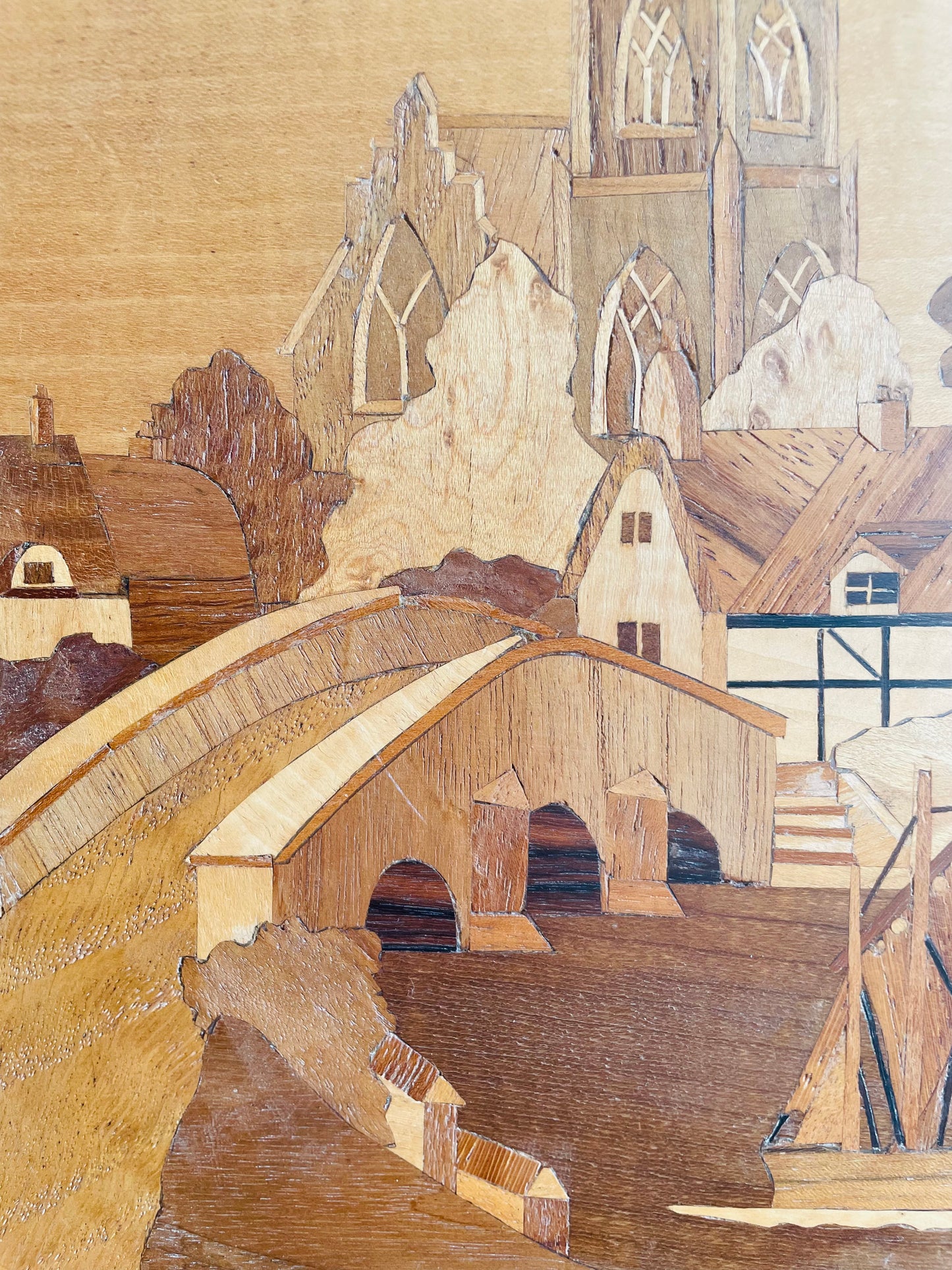 Handmade Framed Inlaid Wood Marquetry Picture - The Village Church by Harold Hurst