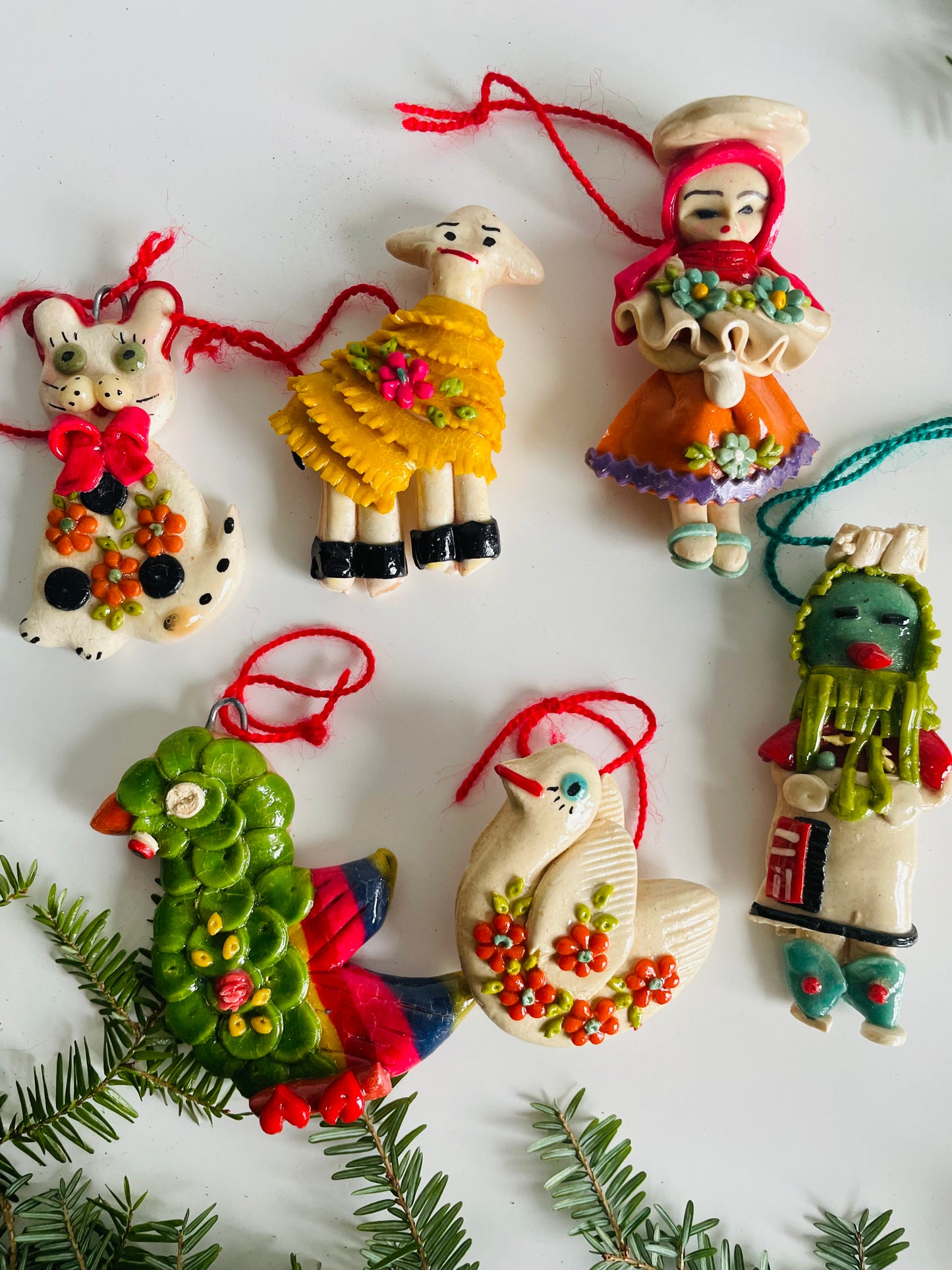 Handmade Salt Dough Folk Ornaments - People, Cat, Dove, Sheep, Parrot - Set of 6