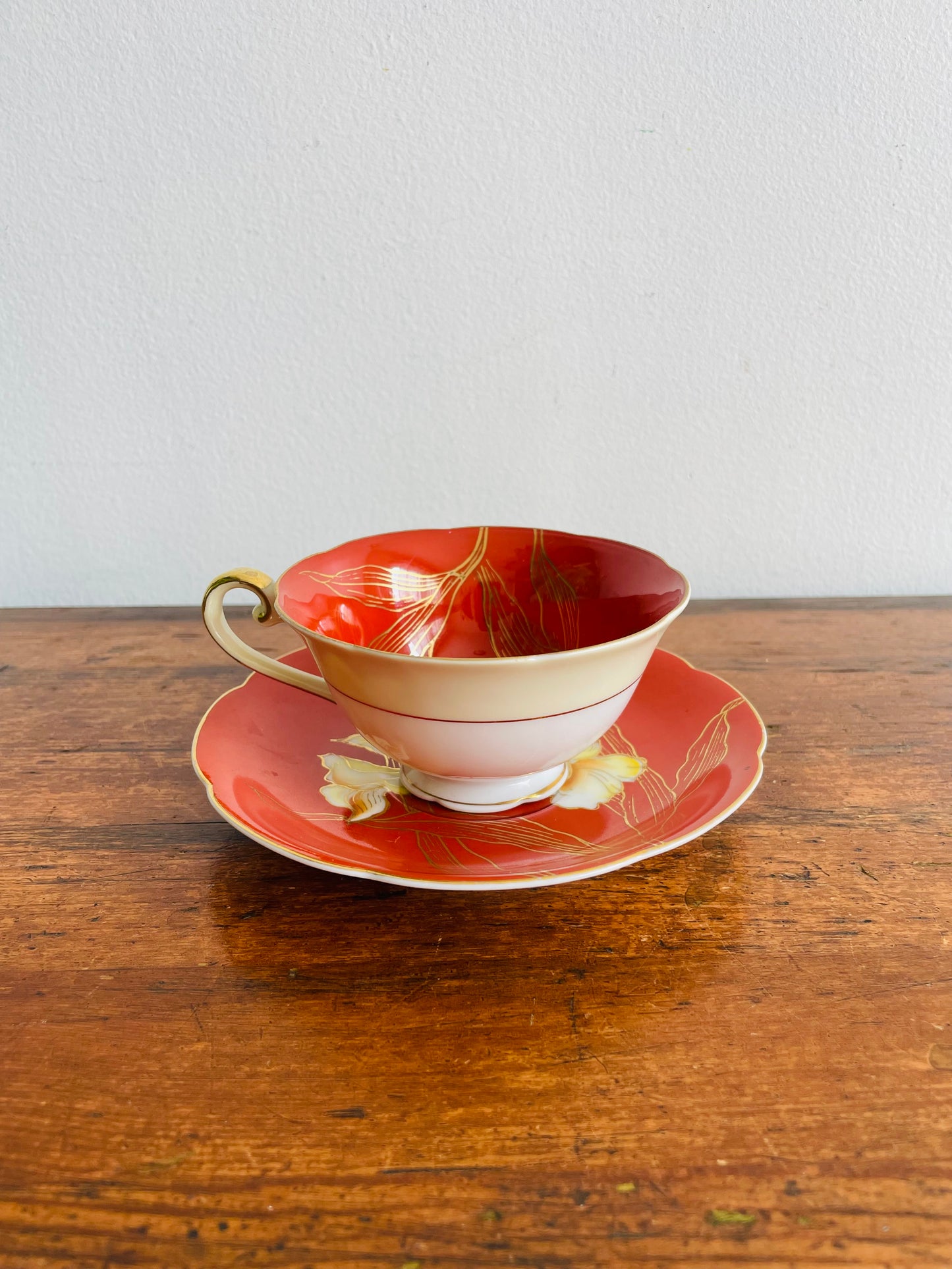 1940s Diamond China Burnt Orange Tea Cup & Saucer with White Iris Flower Design - Made in Occupied Japan