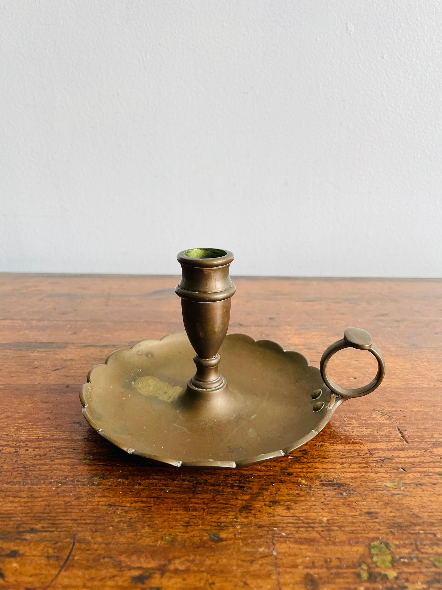 Antique Heavy & Solid Brass Chamberstick Candle Holder with Scalloped Edge