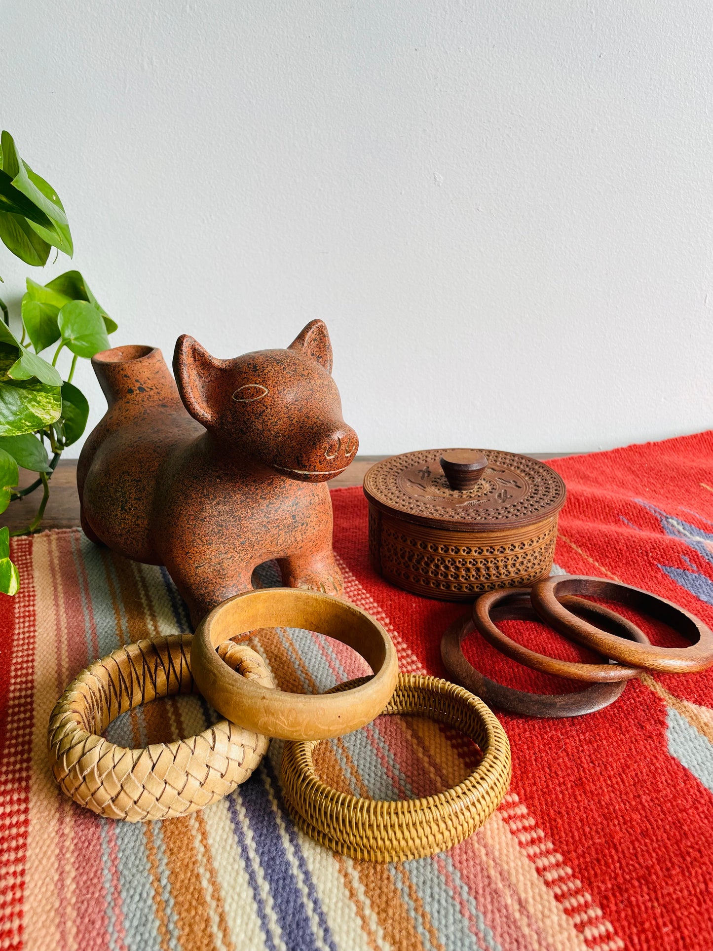 Solid Wood Bangle Bracelet with Etched Flower & Leaf Design