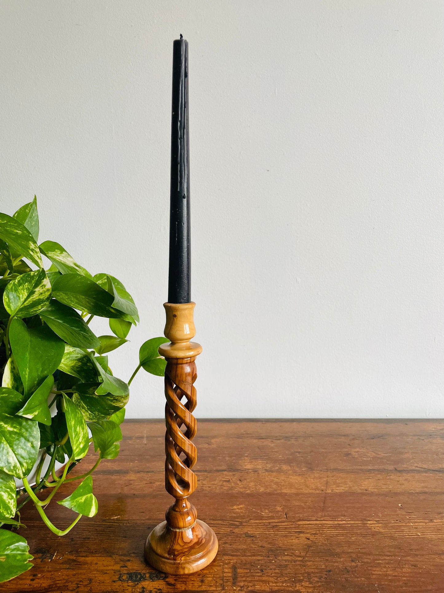 Olive Wood Twisted Spiral Candlestick Holder with Open Barley-Twist