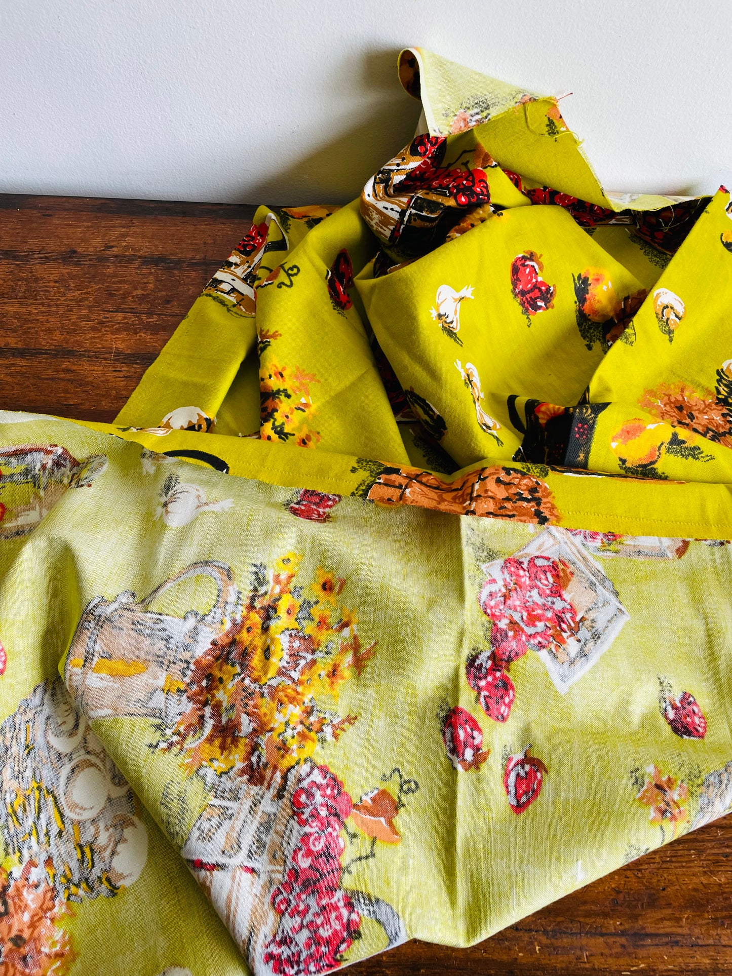 Bright Chartreuse Coloured Fabric with Fun Vegetable, Fruit, & Flower Harvest Design