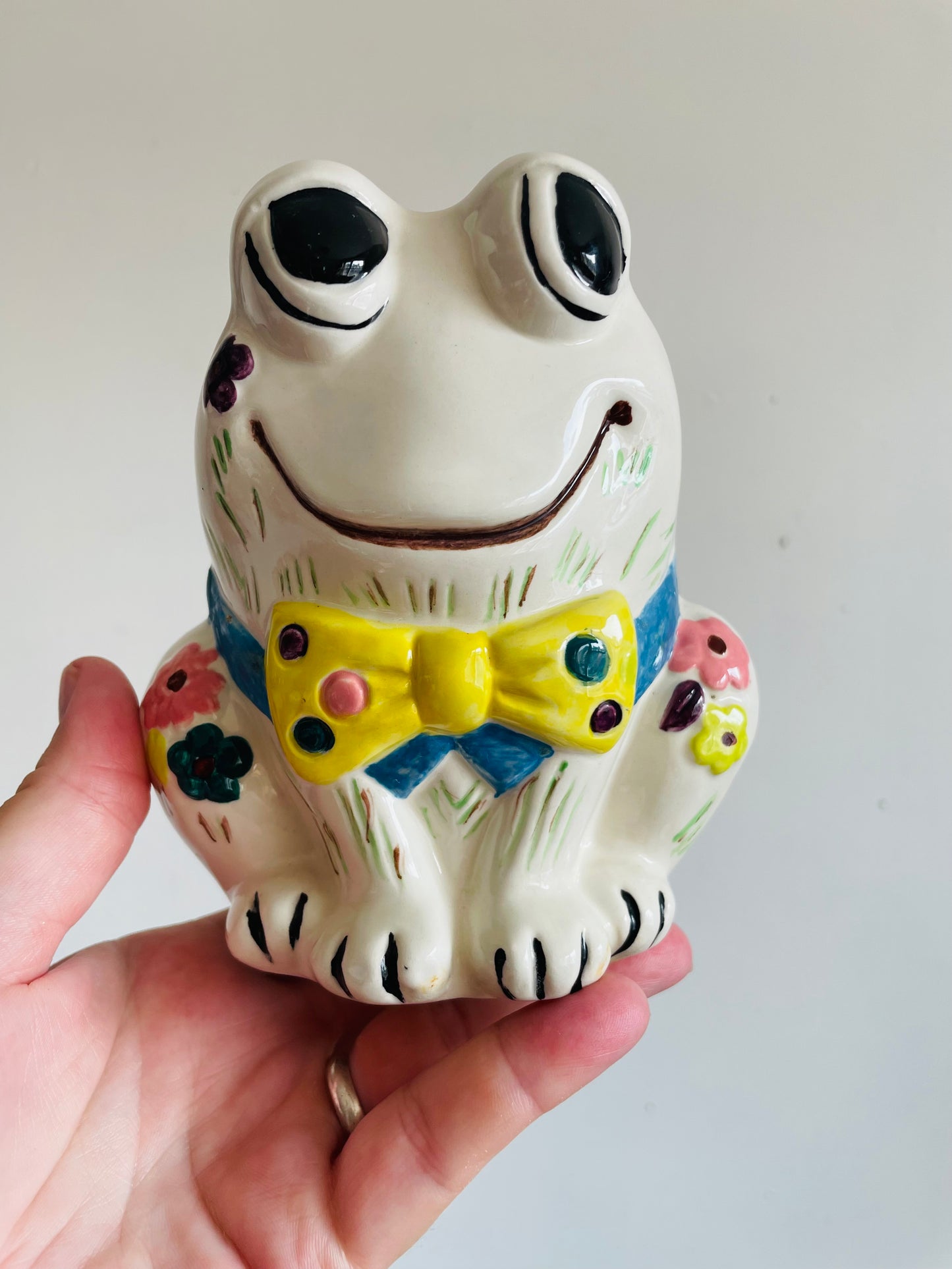 Adorable 1969 Ceramic Frog with Bow Tie and Flowers - Painted & Signed by Doris