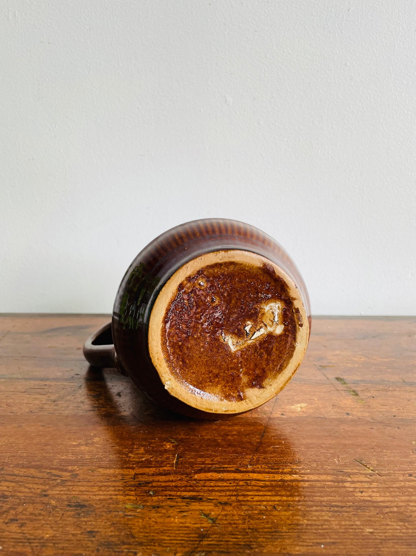 Brown Ribbed Pitcher Jug Vase with Handle