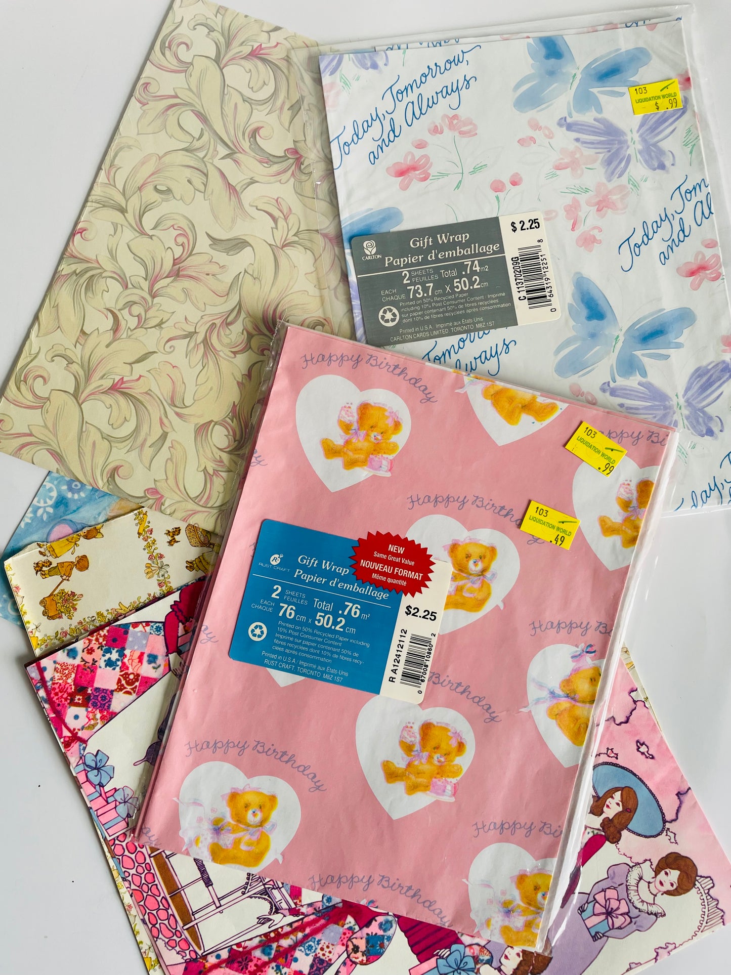 Vintage Wrapping Paper / Gift Wrap Bundle - Scrapbooking, Collage Art, DIY, Crafts, Etc. - Pastels / Children / Pink Theme