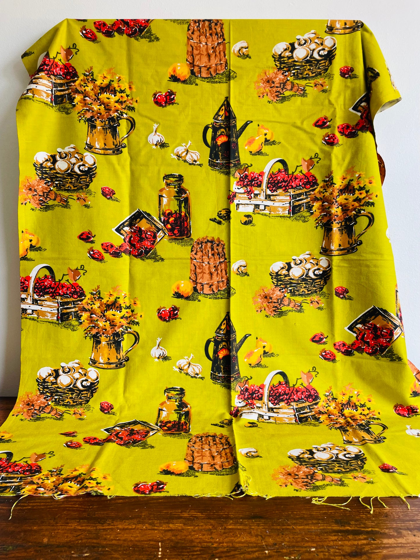 Bright Chartreuse Coloured Fabric with Fun Vegetable, Fruit, & Flower Harvest Design