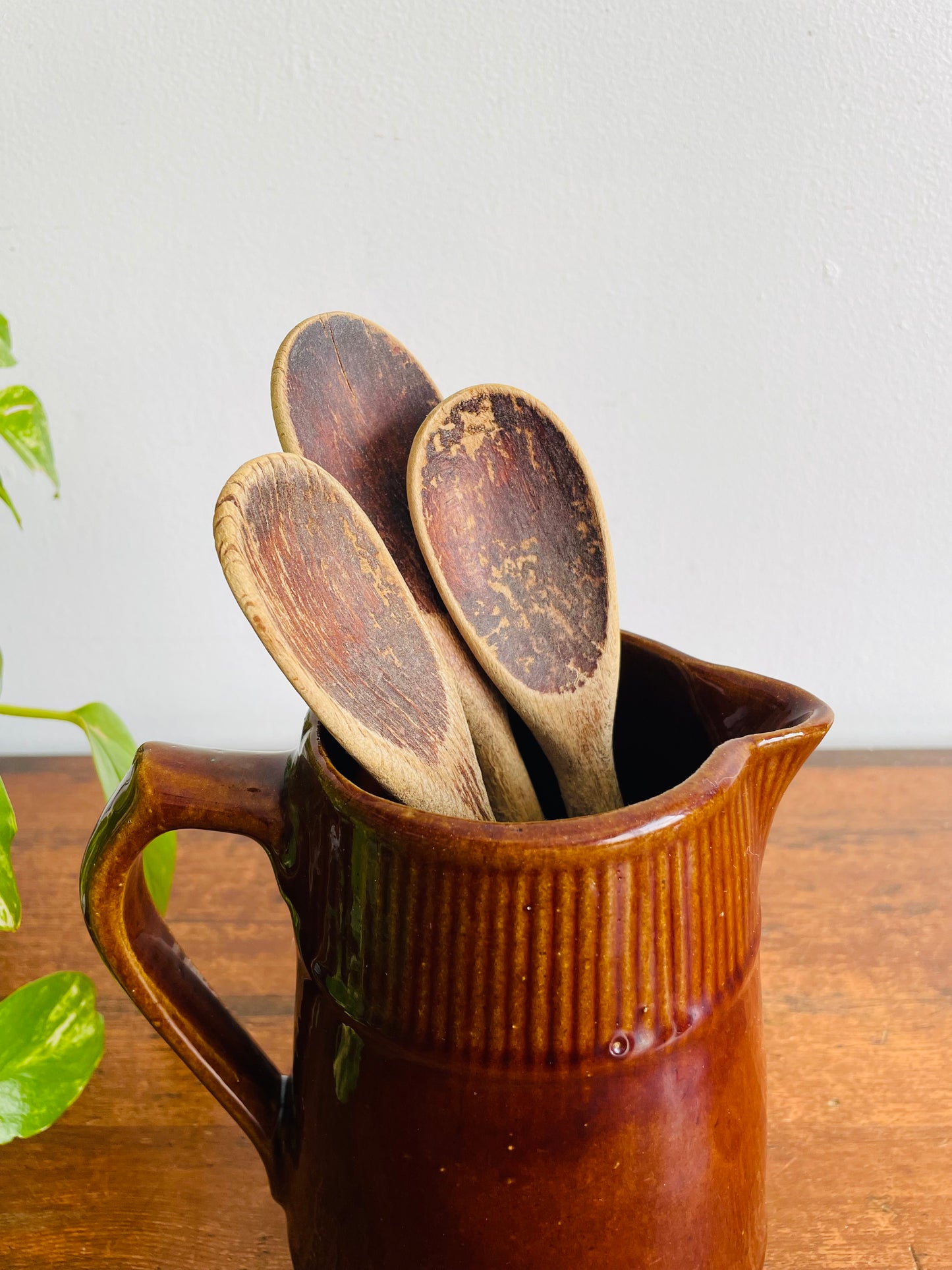 Brown Ribbed Pitcher Jug Vase with Handle