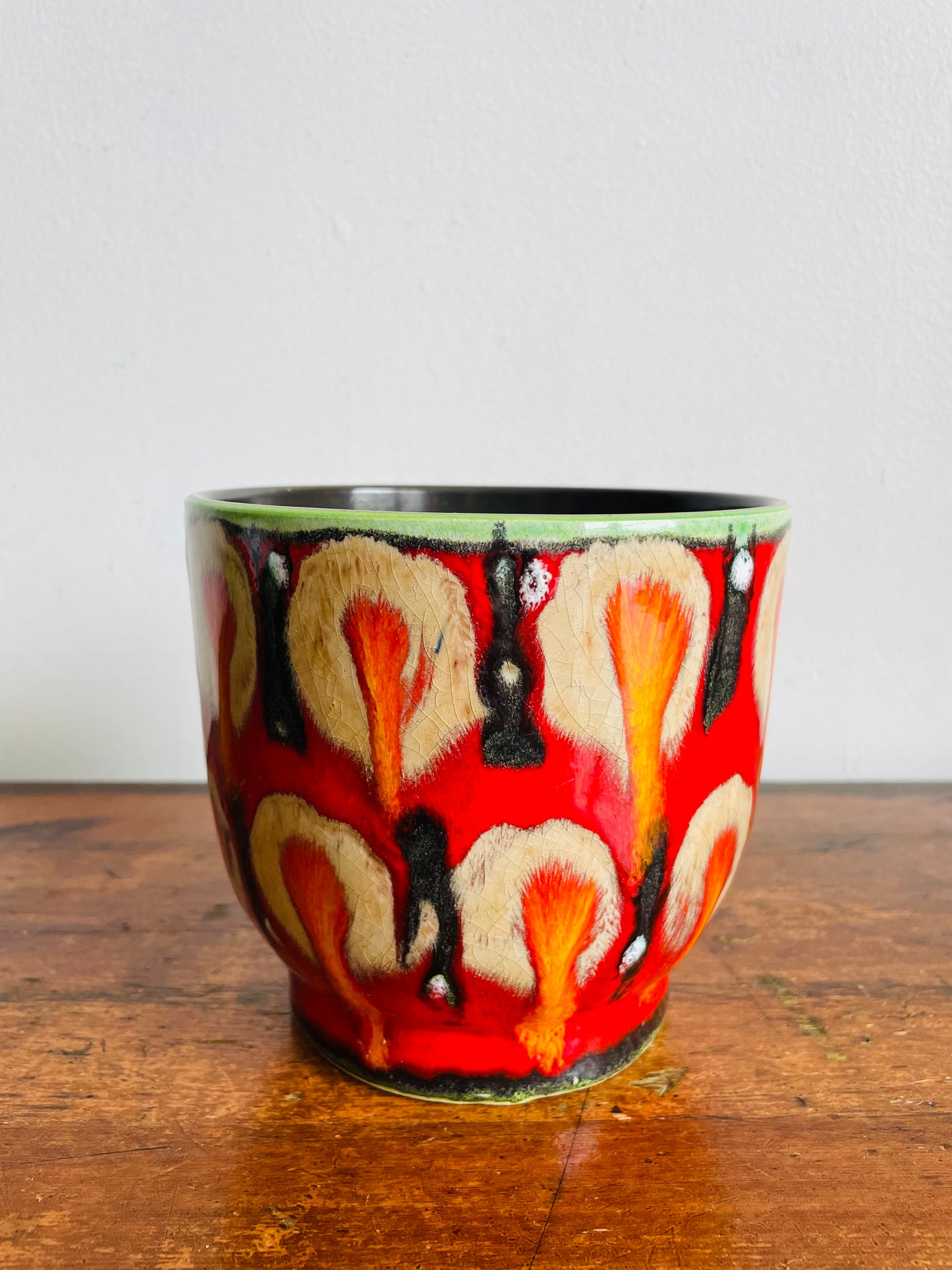 Vintage Bright Red 5" Planter Pot with Orange & Brown Drippy Design