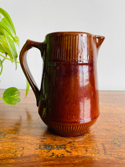 Brown Ribbed Pitcher Jug Vase with Handle