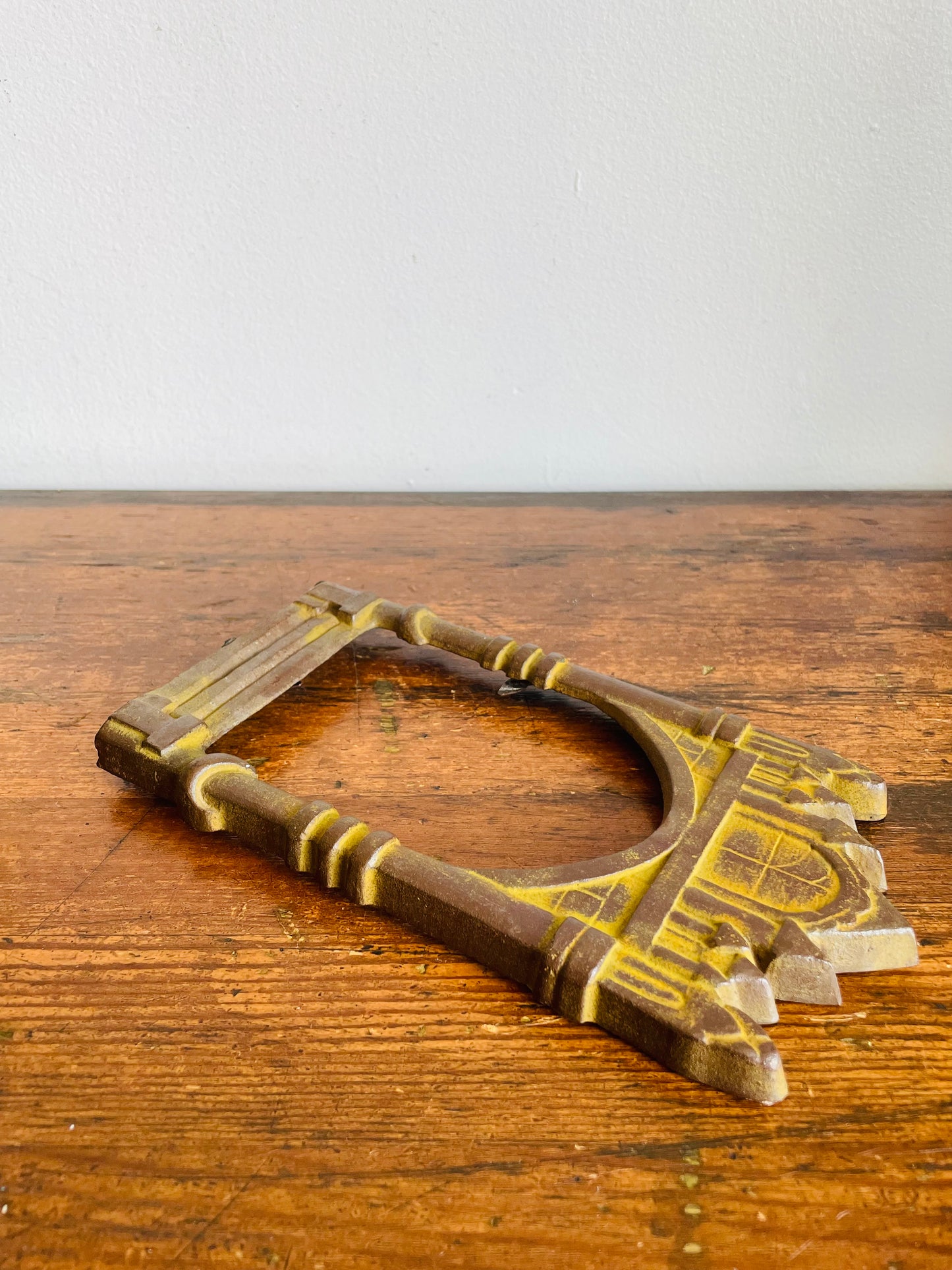 Vintage Solid & Heavy Cast Iron Arched Window Castle Shaped Picture Frame - 3" x 4.75" Photo Size