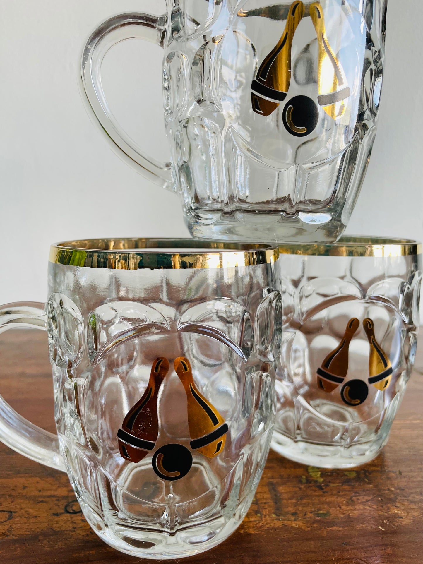 Beaverhead Glass Beer Mug Tankard with Bowling Graphic - Made in England - Set of 3